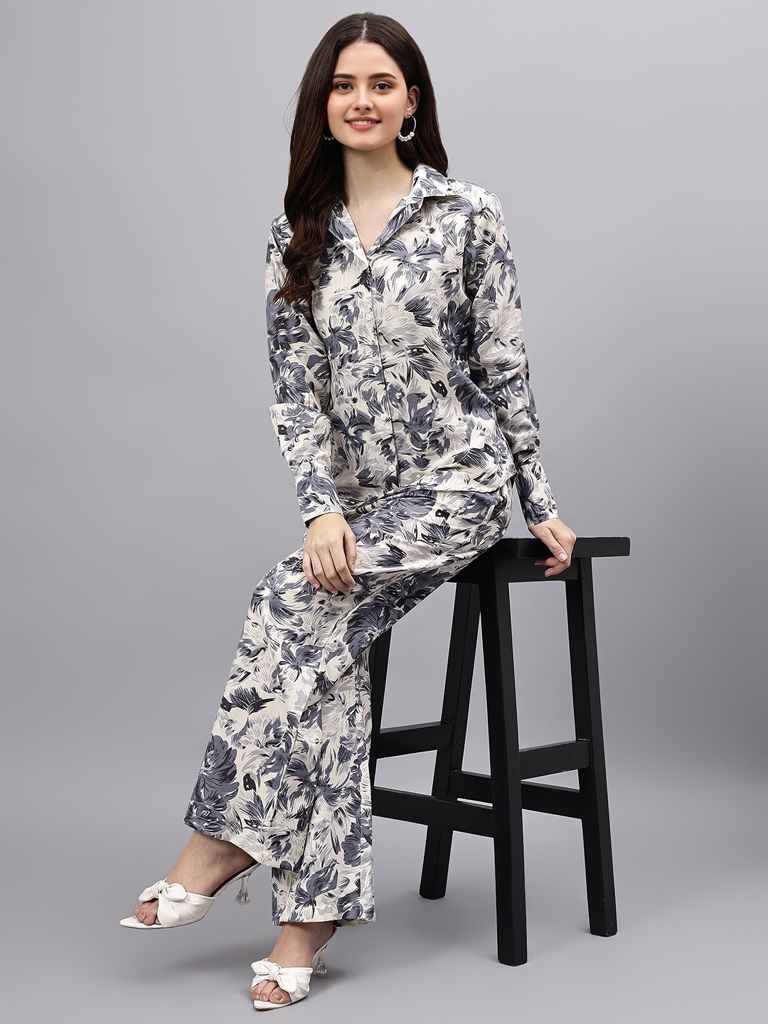 

StyleCast Floral Printed Cotton Blend Shirt With Trousers, White