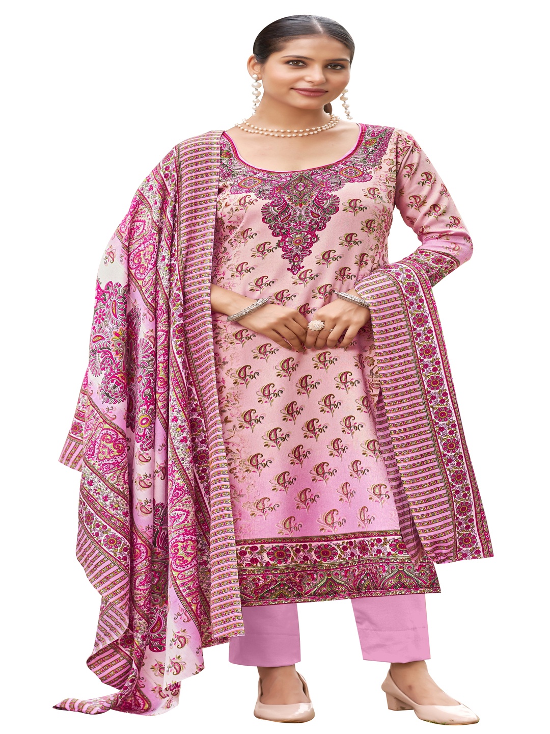 

DRAVINAM Trends Paislay Printed Pashmina Unstitched Dress Material, Pink