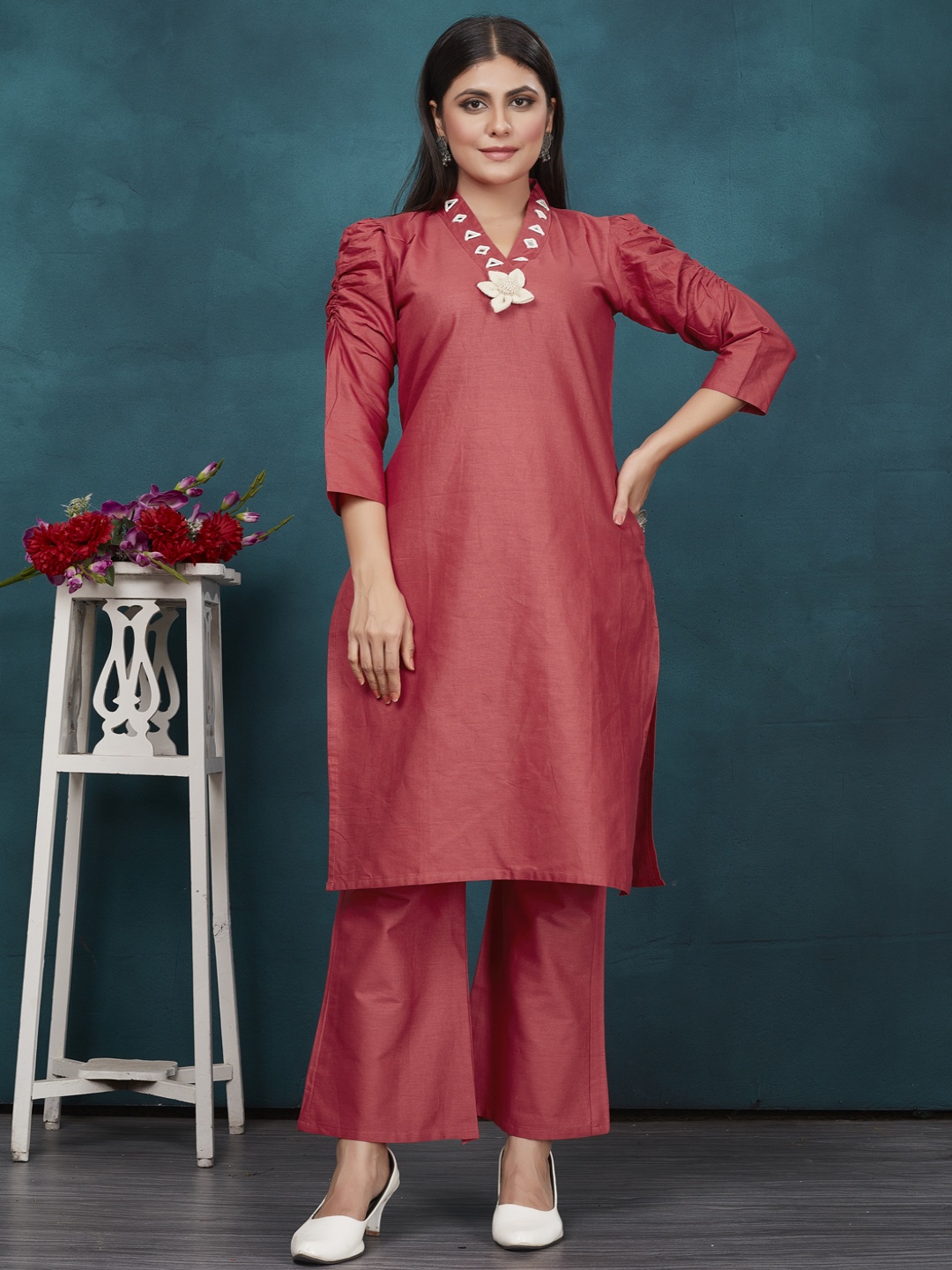 

MINGORA Pure Cotton V Neck Tunic & Trousers Co-Ords, Rust