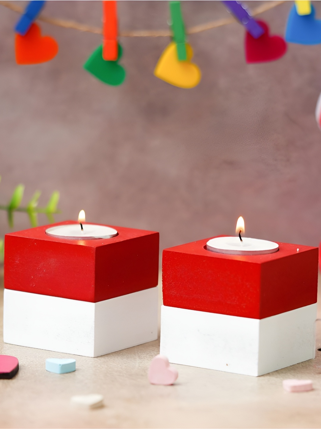 

eCraftIndia Red & White 2 Pieces Wooden Tea Light Candle Holders