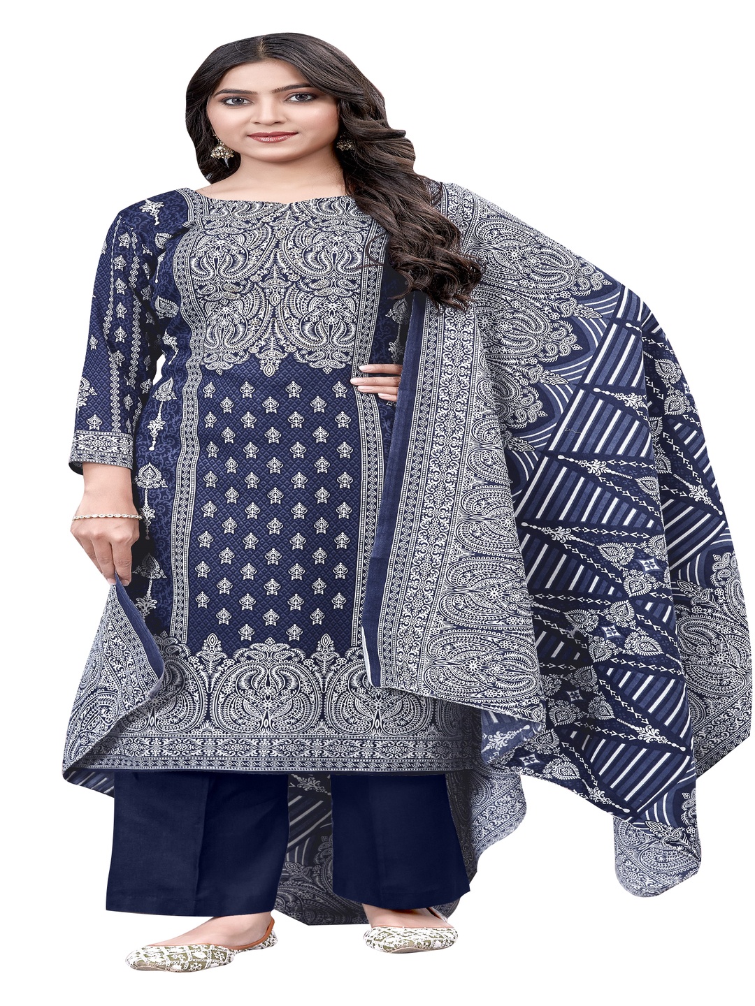 

DRAVINAM Trends Ethnic Motifs Printed Pashmina Unstitched Dress Material, Blue