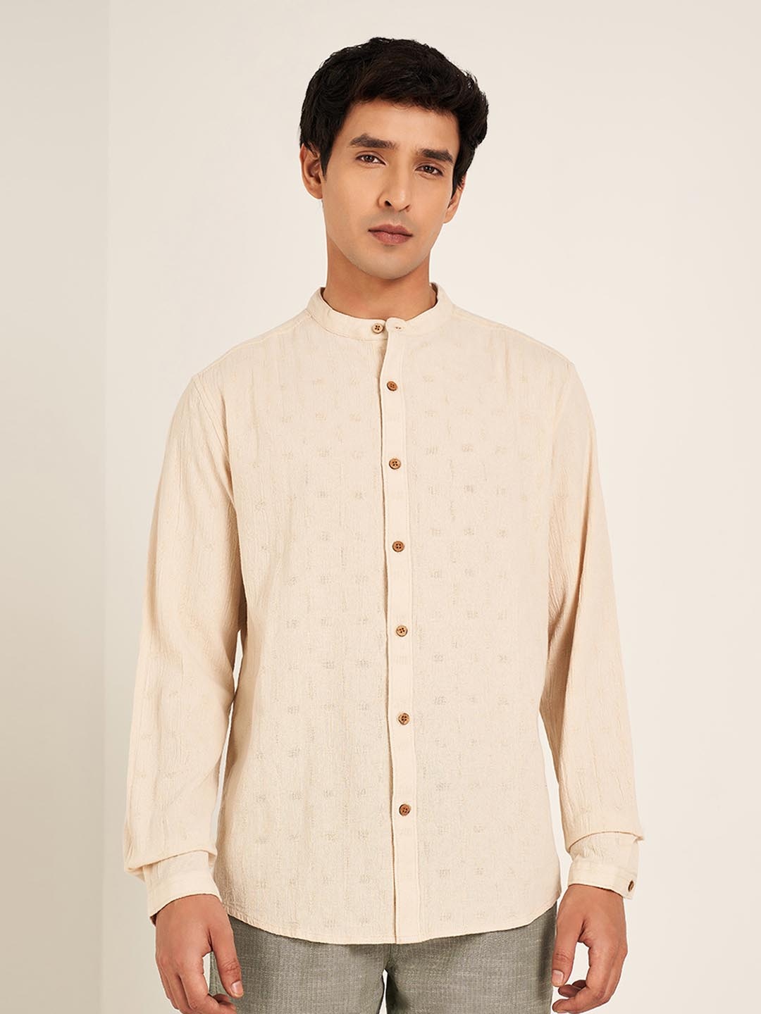 

7 Alt by Pantaloons Men Relaxed Fit Band Collar Textured Cotton Casual Shirt, Beige