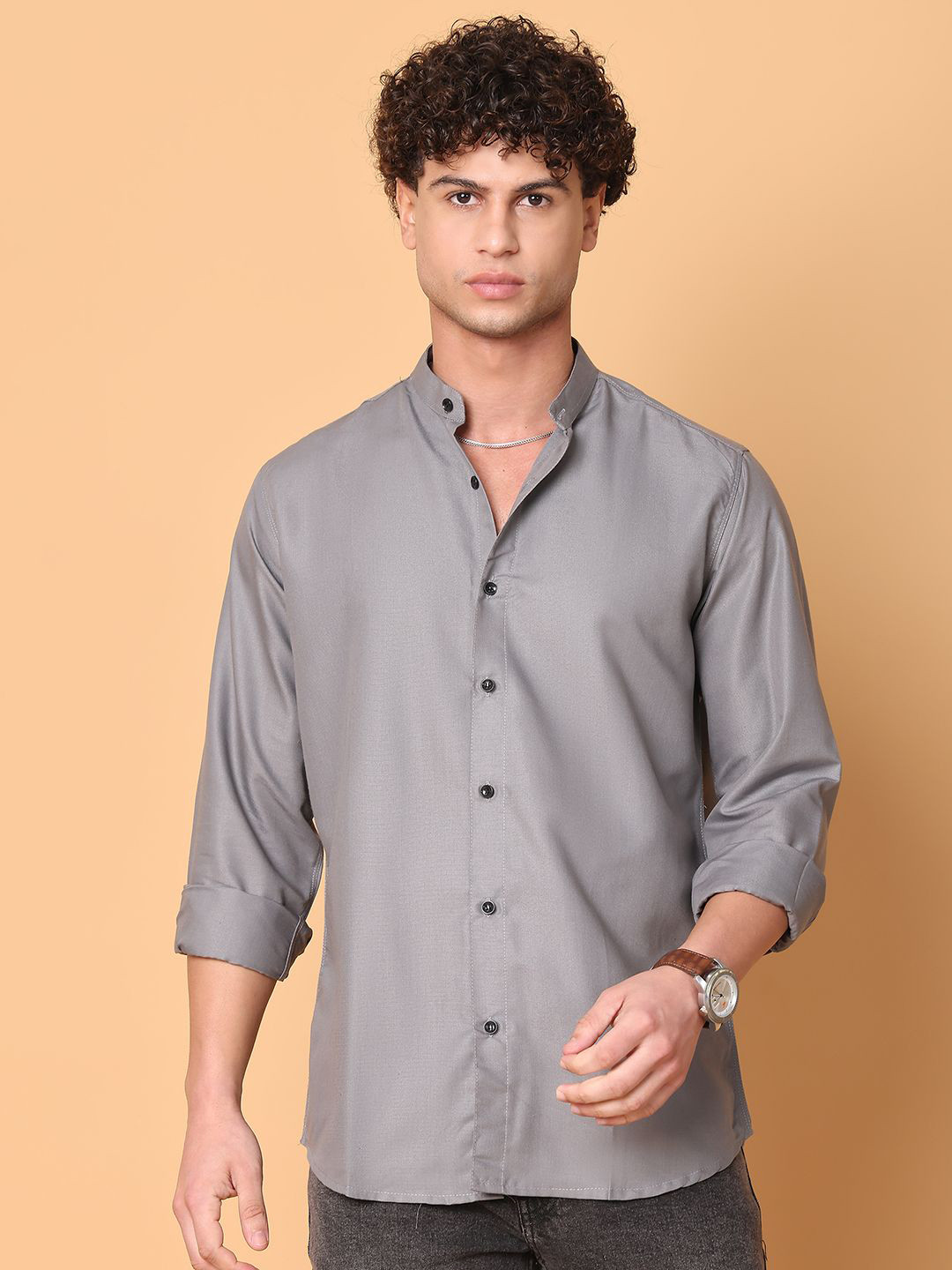 

Tanip Men Band Collar Solid Cotton Casual Shirt, Grey