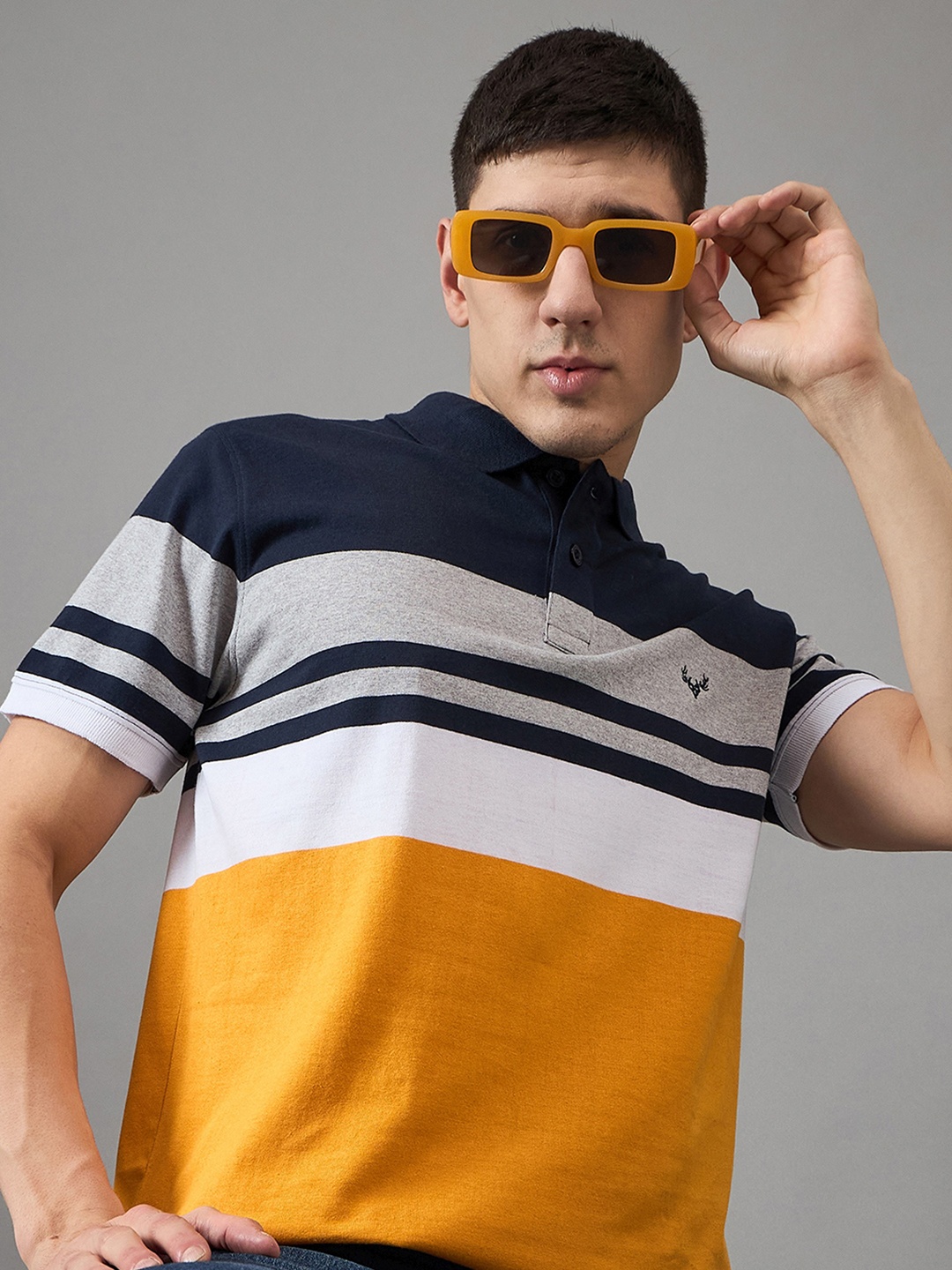 

BRONATION Men Striped Polo Collar Cotton T-shirt, Mustard