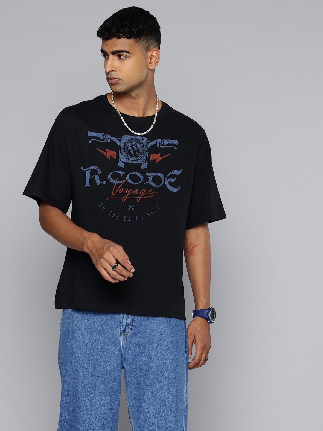 

R.Code by The Roadster Life Co. Men Printed Applique T-shirt, Black