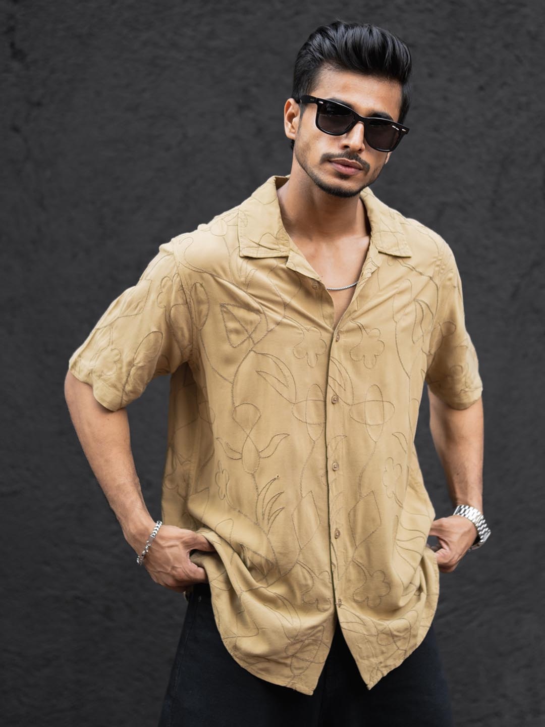 

Powerlook Men Oversized Fit Cuban Collar Textured Cotton Casual Shirt, Beige