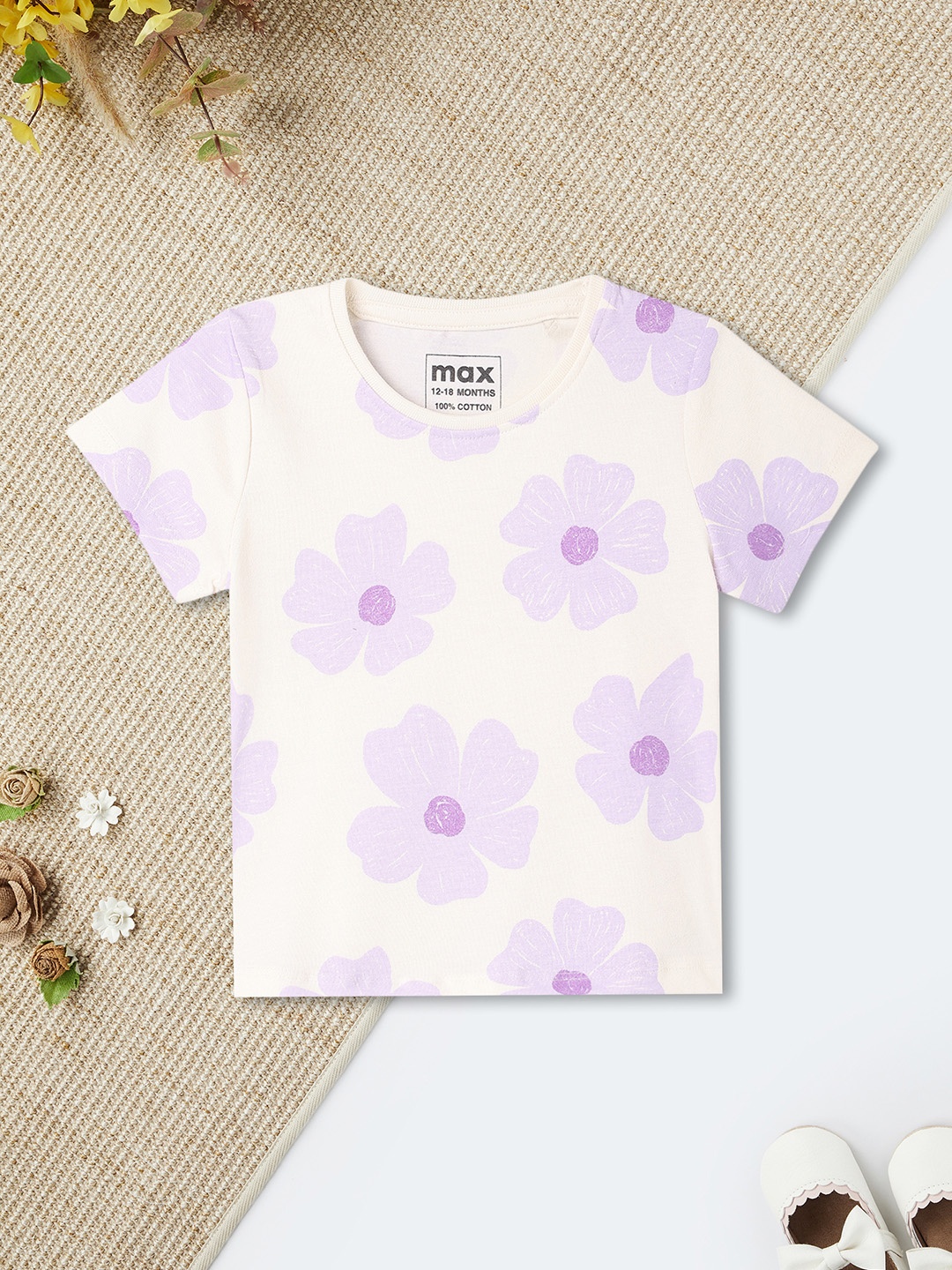 

max Girls Floral Printed Round Neck Cotton T-shirt, White