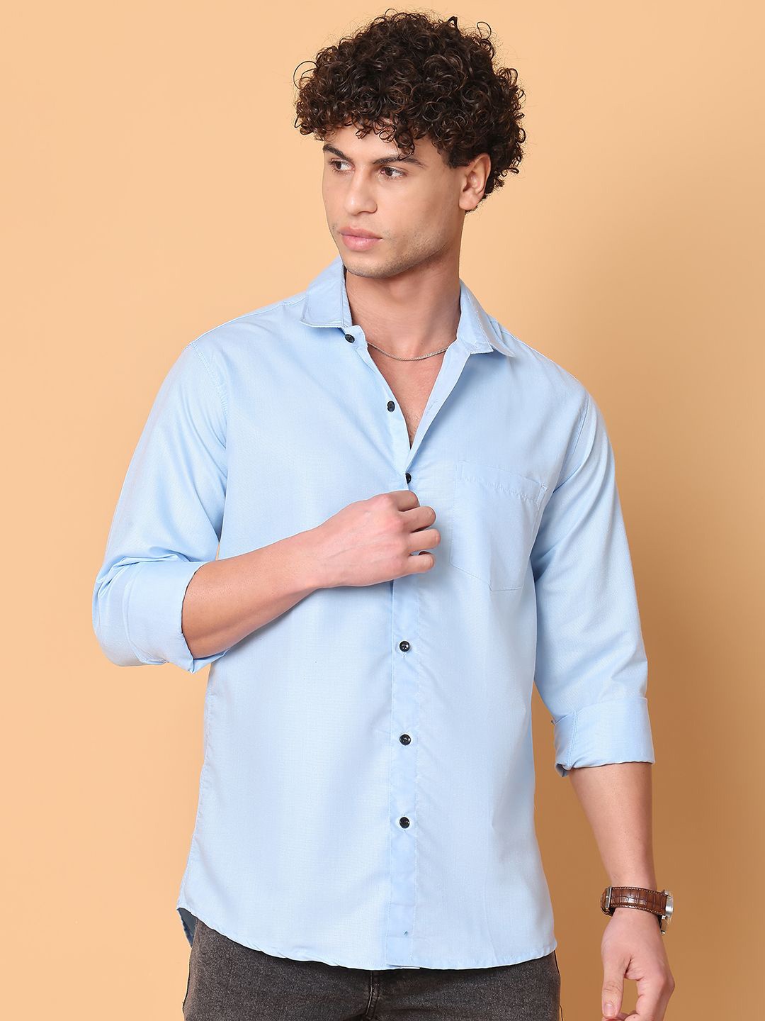

Tanip Men Spread Collar Solid Cotton Casual Shirt, Blue