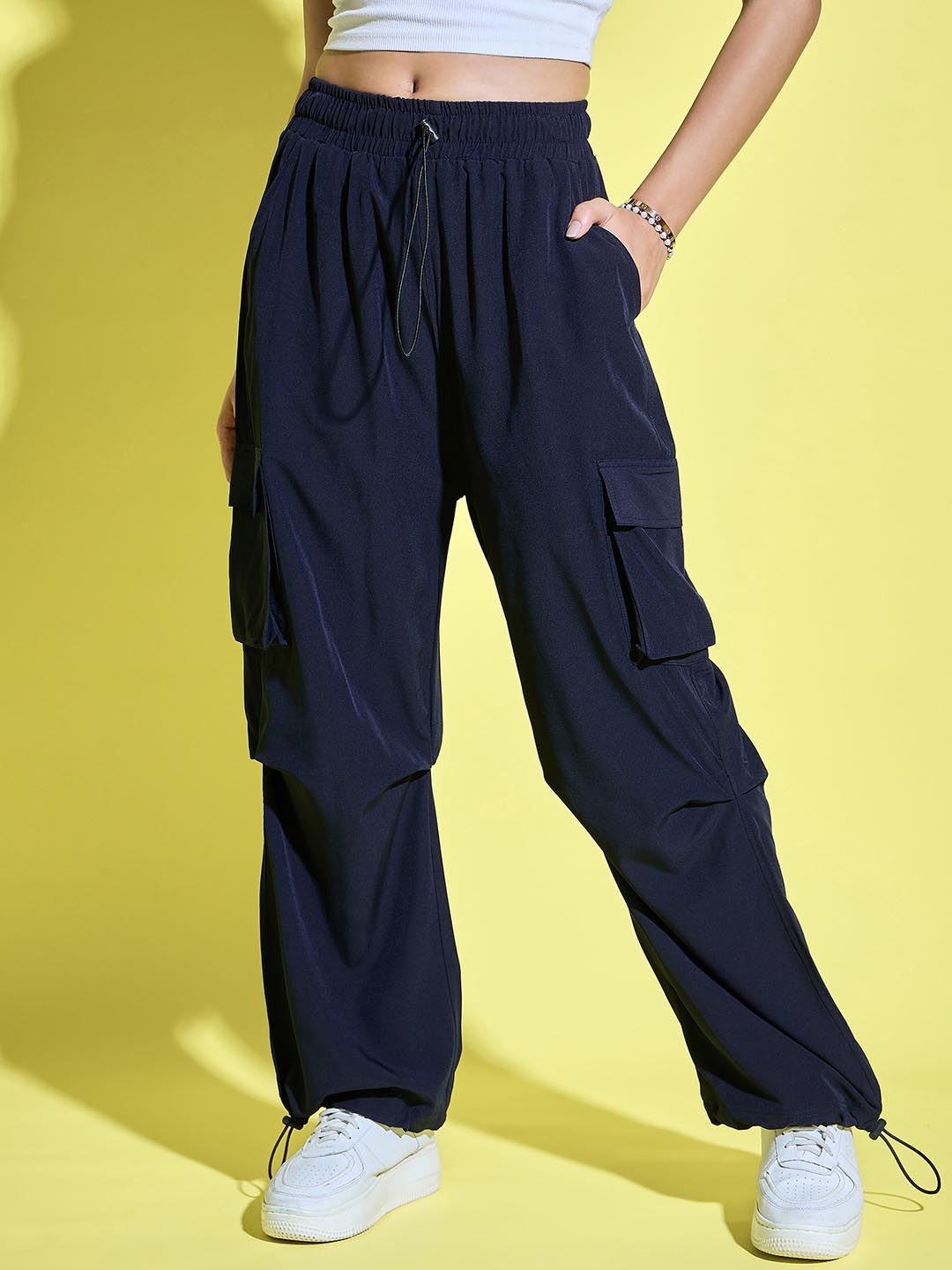 

BUY NEW TREND Women Relaxed Loose Fit Parachute Trousers, Navy blue