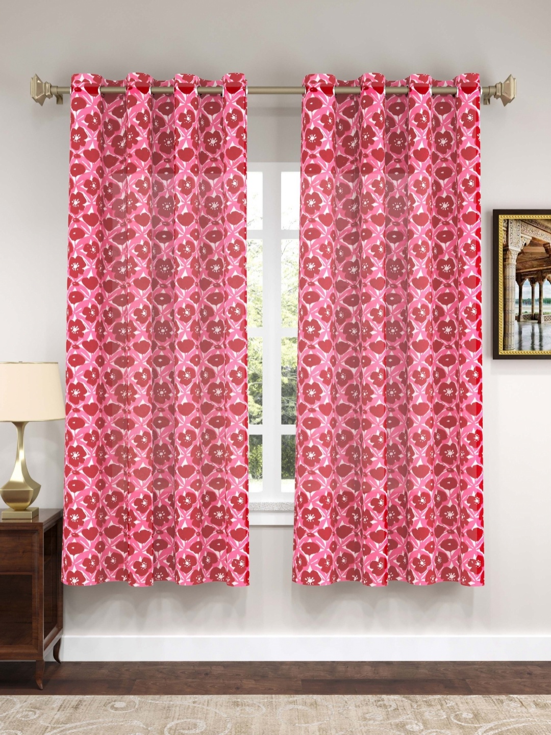 

Myntra Elegant Homes Pink & Red 2 Pieces Cotton Eyelet Floral Long Door Curtain