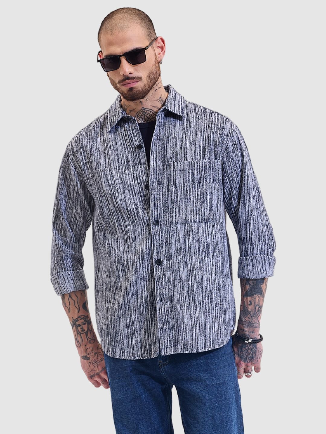 

Snitch Men Relaxed Boxy Fit Spread Collar Abstract Printed Casual Shirt, Navy blue