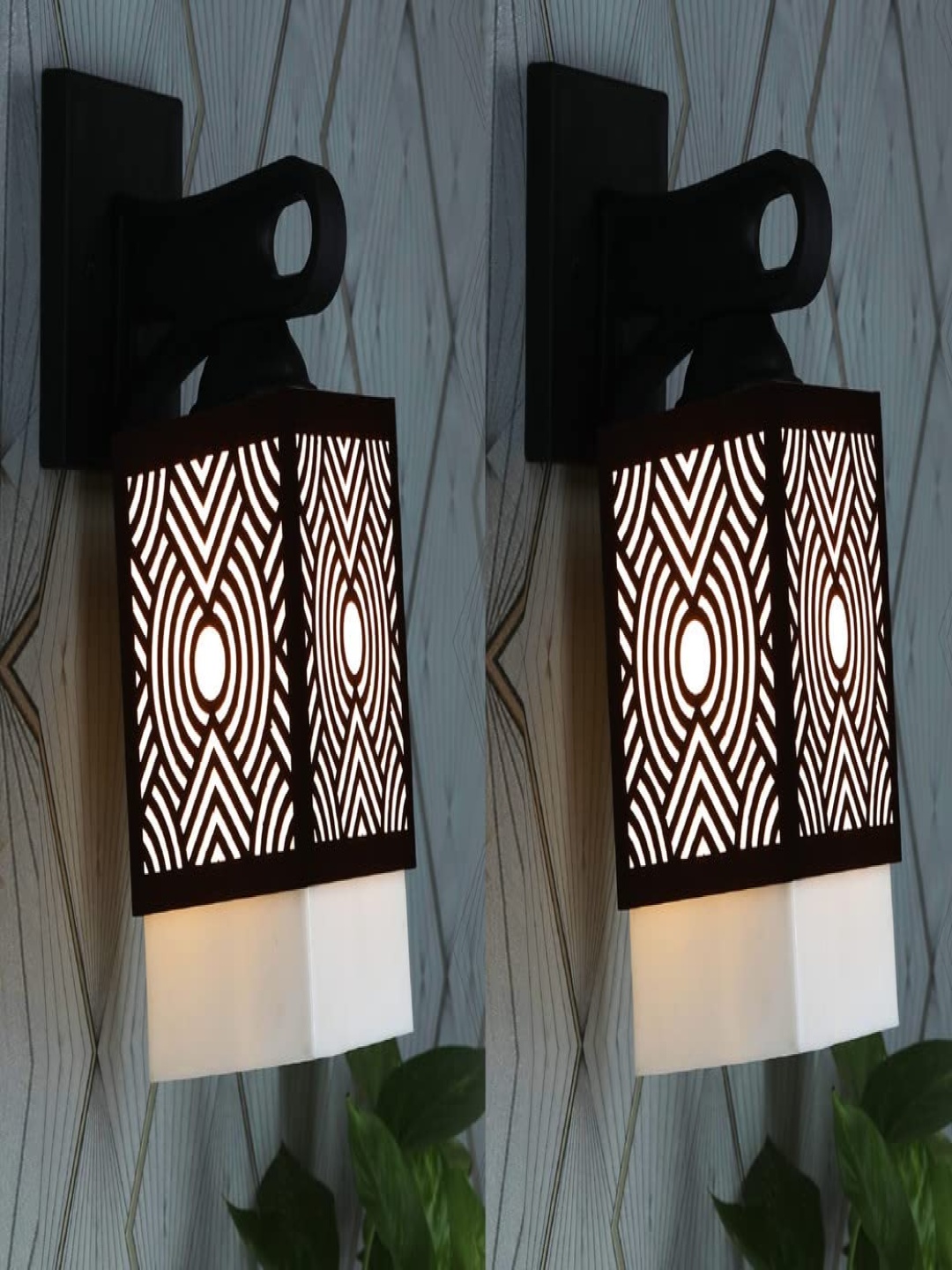 

Gojeeva Black & White 2 Pieces Textured Square Shaped Wooden Wall Lamps