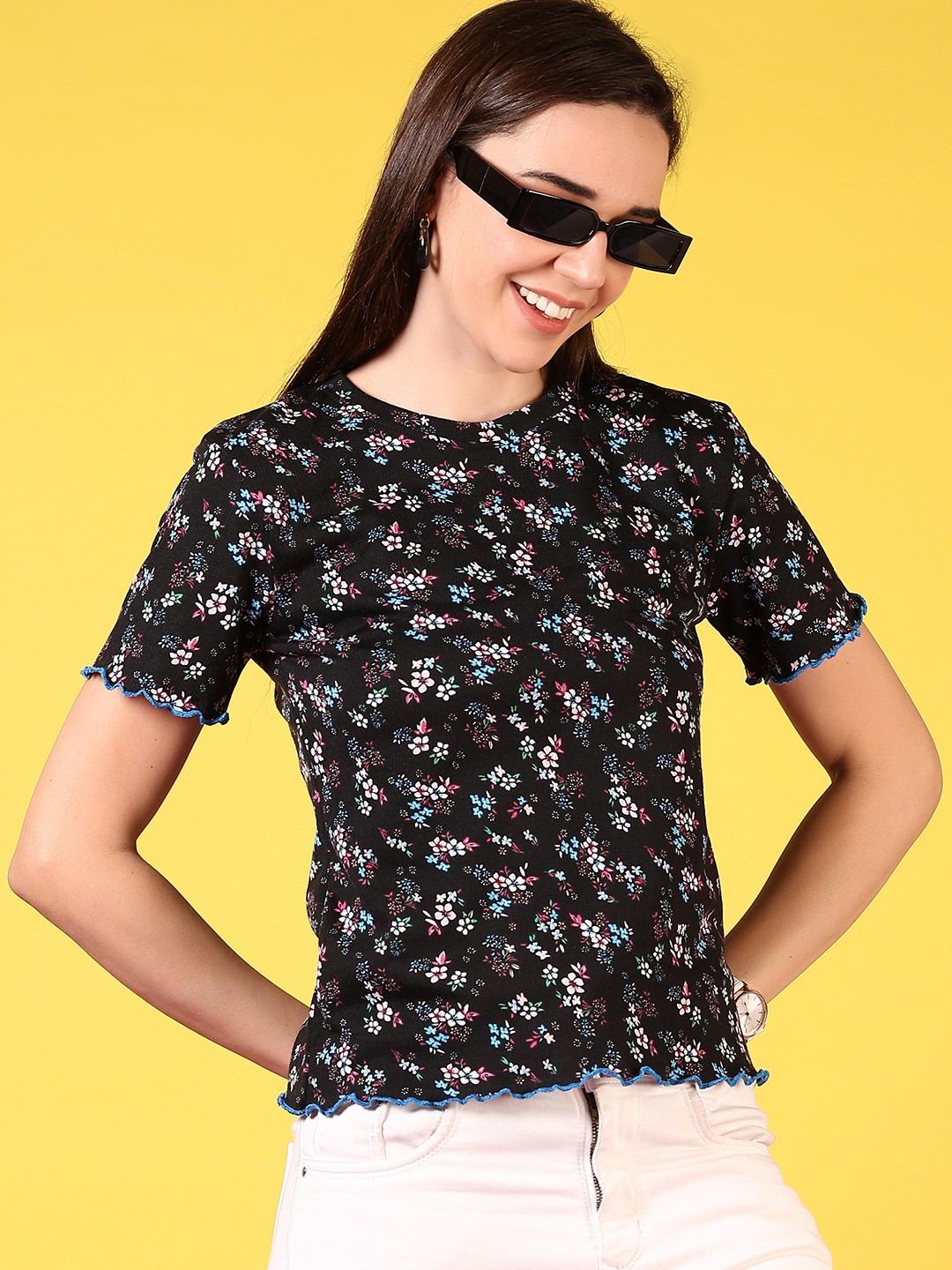 

V-Mart Men Floral Printed Round Neck Cotton T-shirt, Black