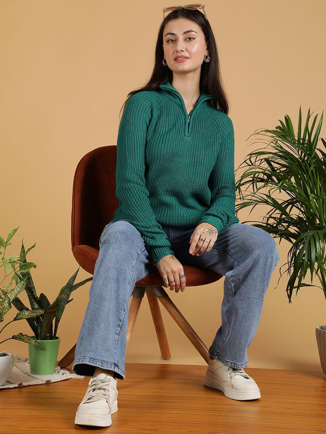 

Kotty Women Half Zipper Cotton Pullover, Green