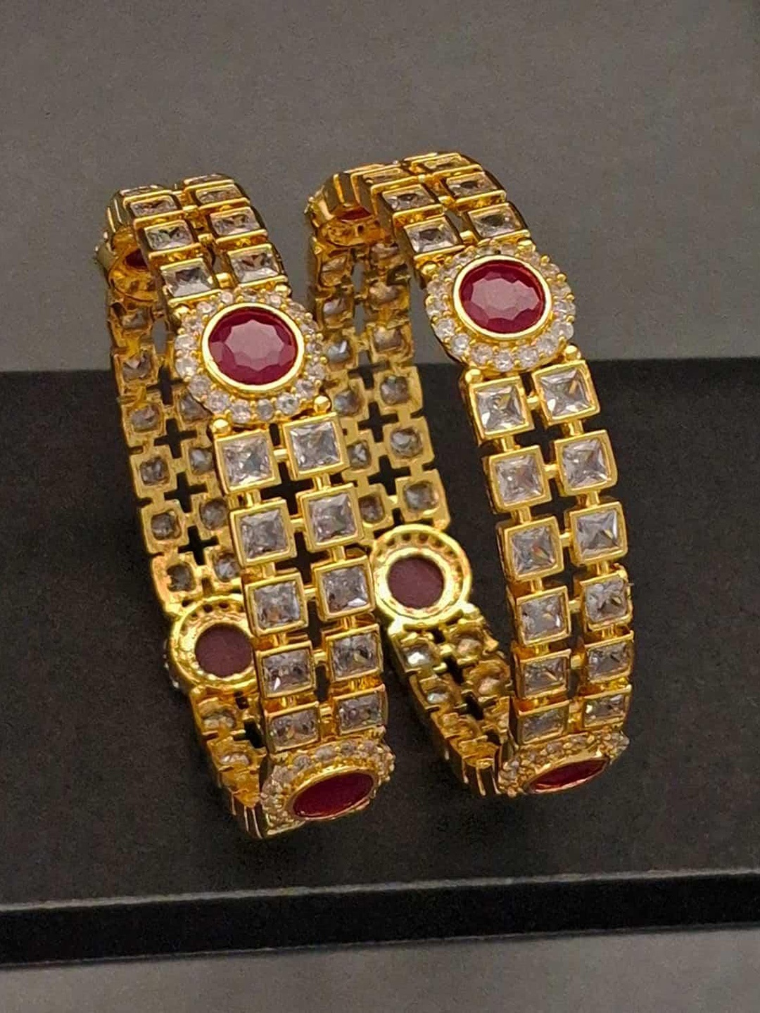 

Zevarly Set Of 2 Gold-Plated American Diamond Stone-Studded Bangles