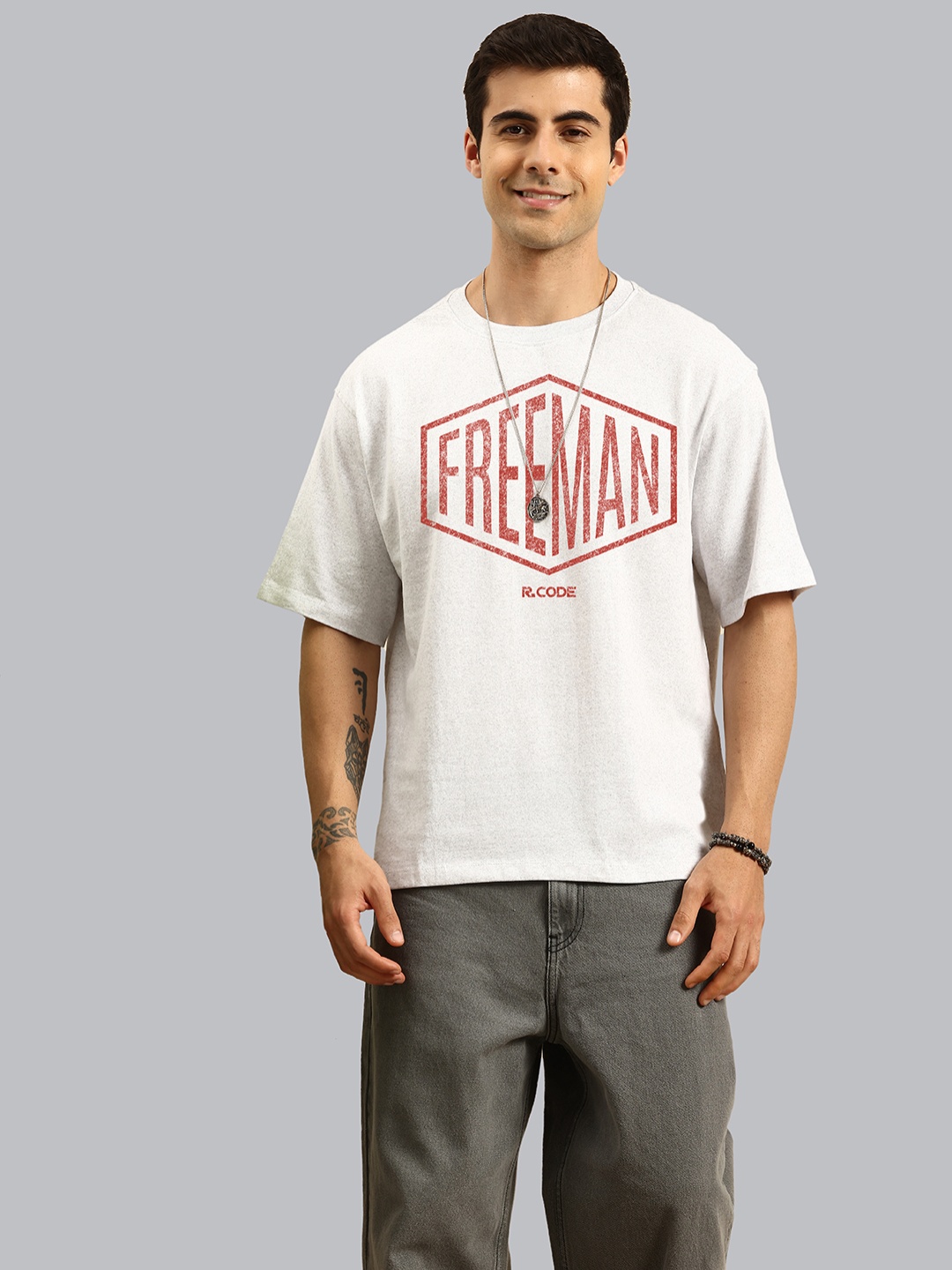 

R.Code by The Roadster Life Co. Men Printed Raw Edge T-shirt, Silver