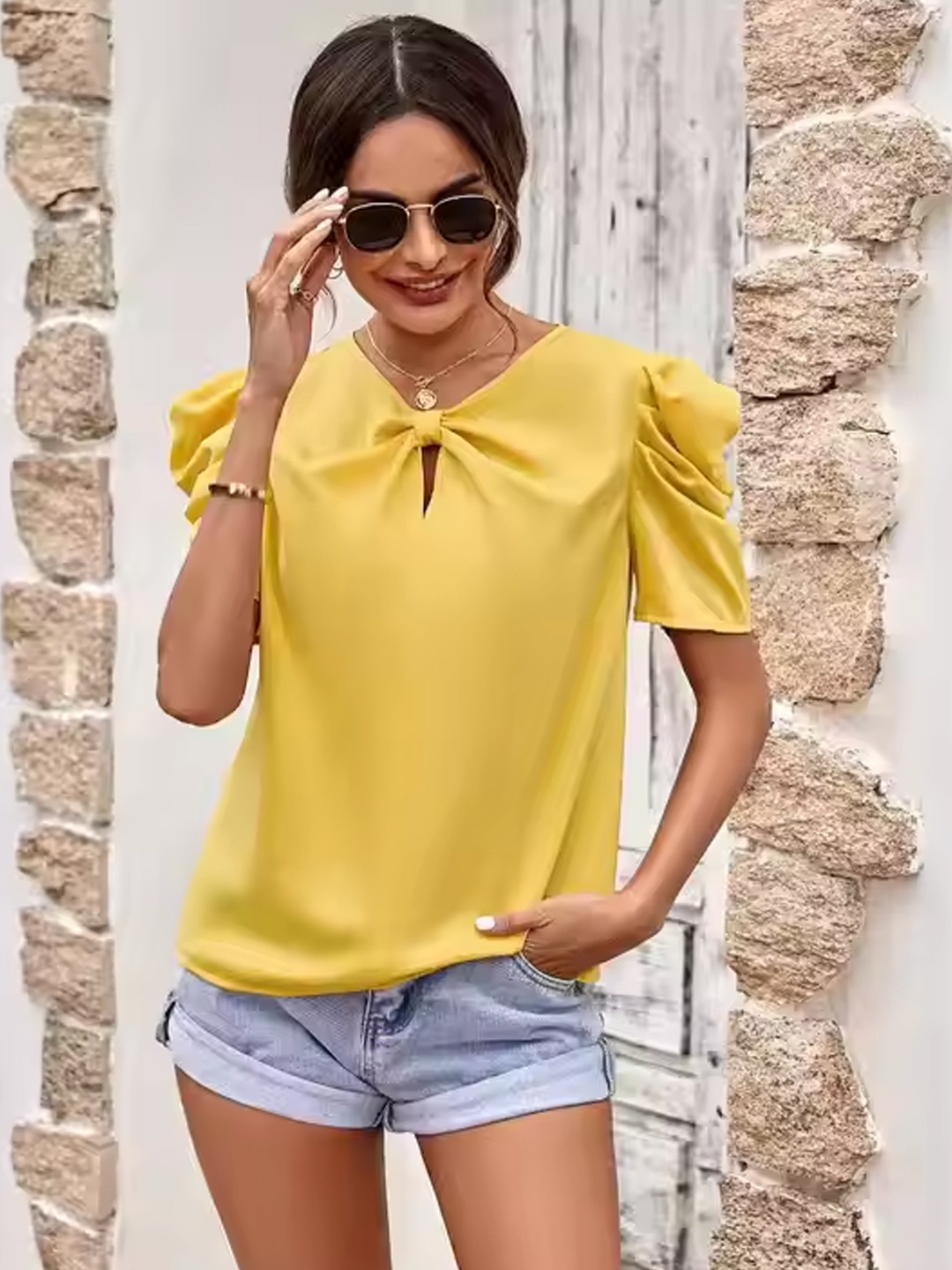 

StyleCast Women V-neck Puff Sleeve Top, Yellow