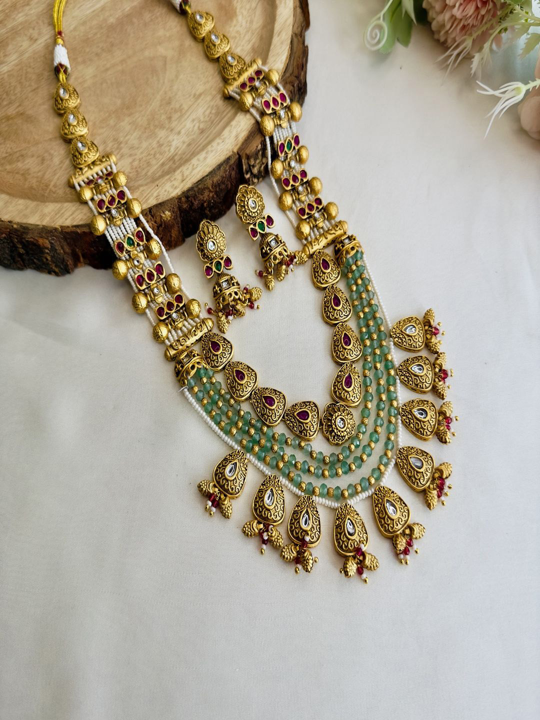 

Stridhan Nine Pendant Long Rajwadi Multilayer Necklace Set, Gold