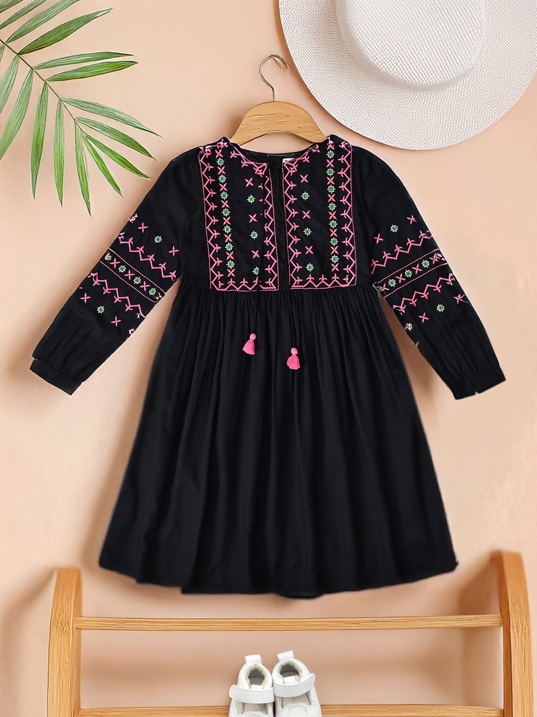 

Bella Moda Girls Embroidered Cuffed Sleeves Cotton Fit & Flare Dress, Black