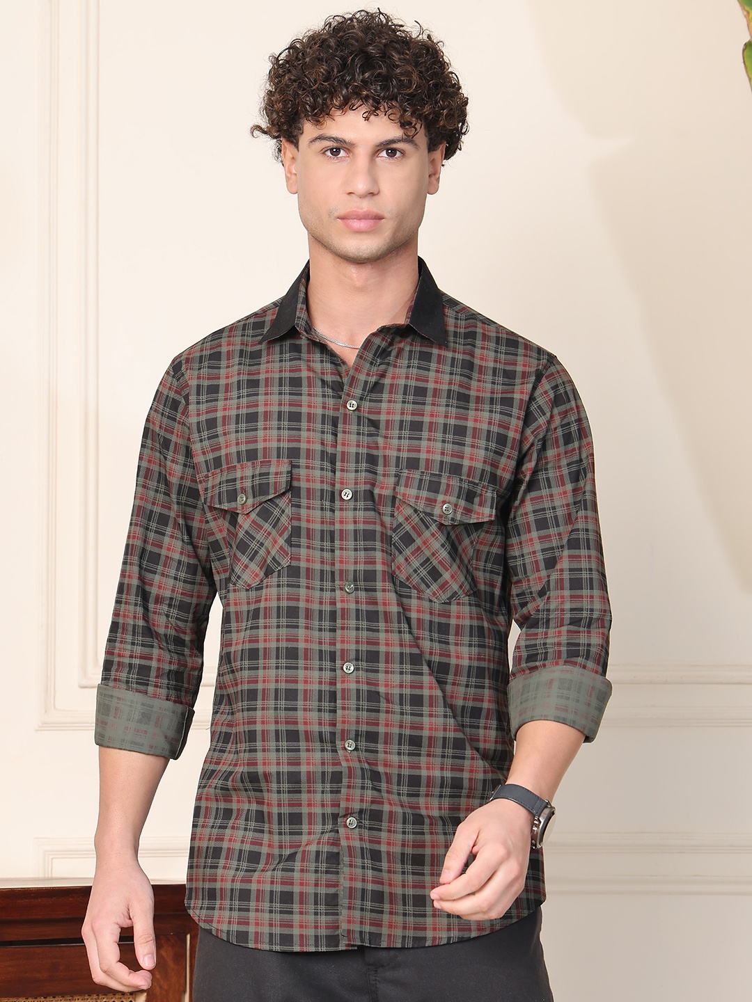 

Tanip Men Spread Collar Tartan Checked Cotton Casual Shirt, Black
