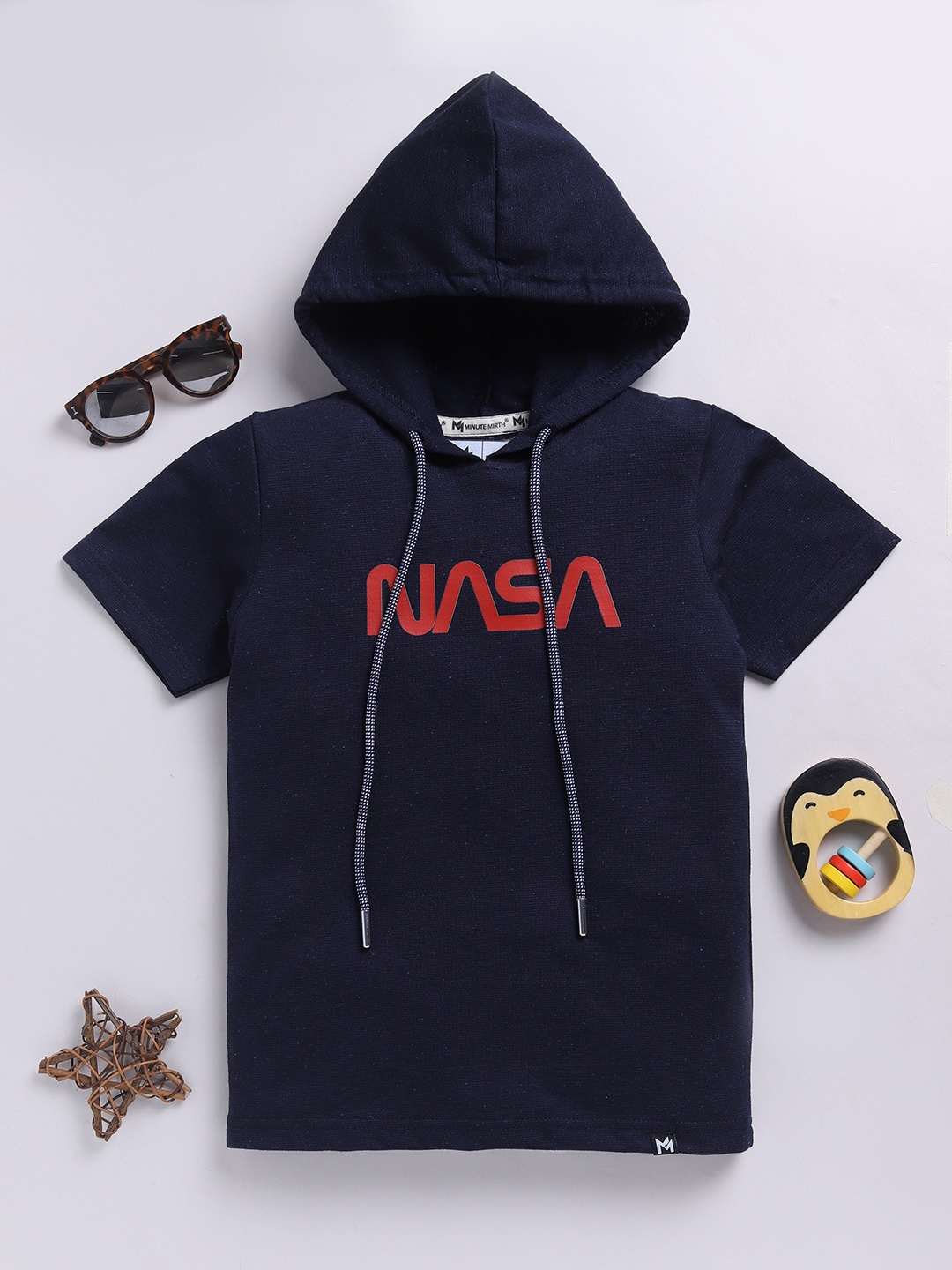 

YK X Minute Mirth Boys NASA Typography Printed Hooded T-shirt, Navy blue