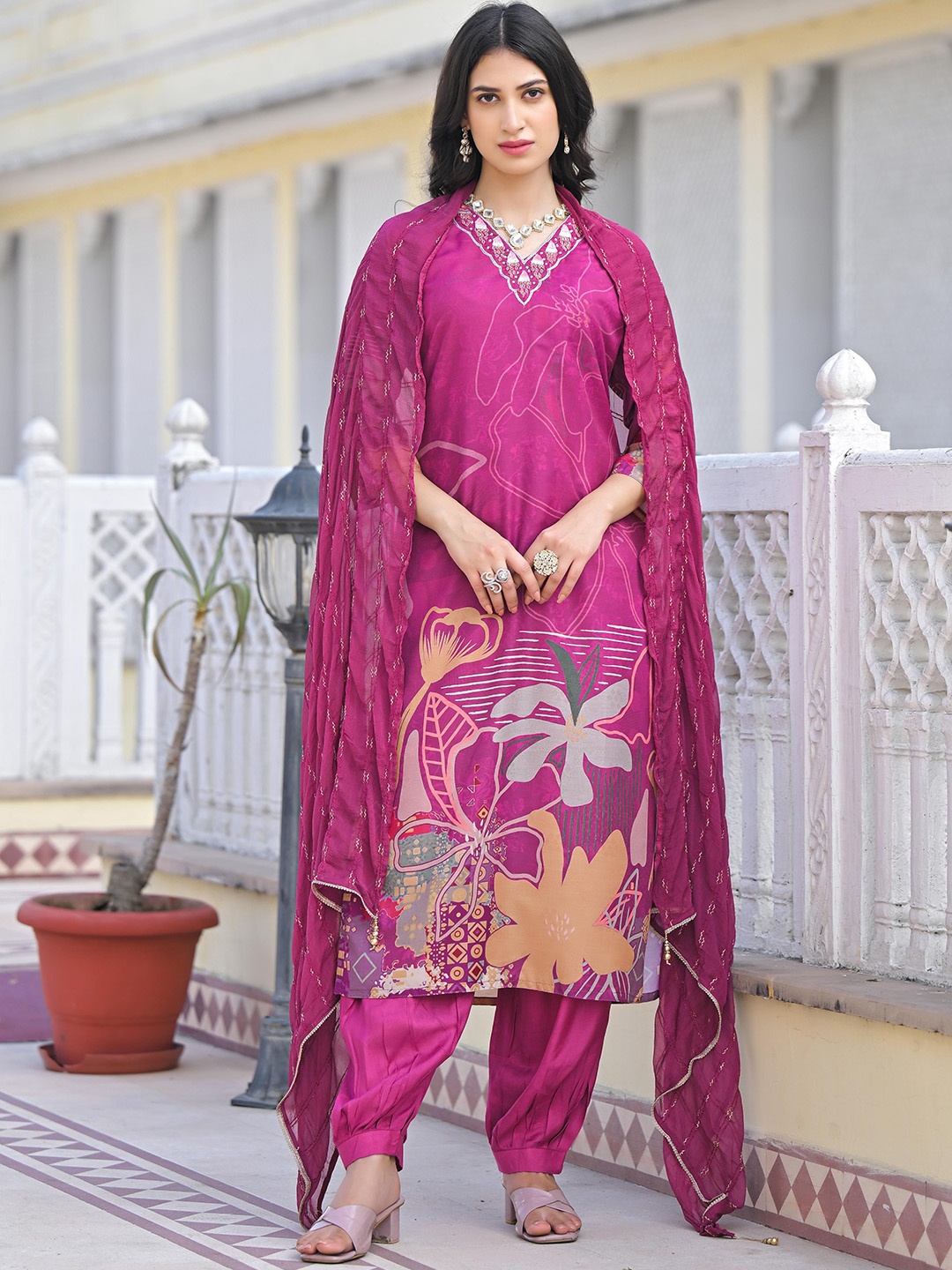 

Anouk Pink Floral Printed Thread Work Chanderi Silk Straight Kurta With Salwar & Dupatta