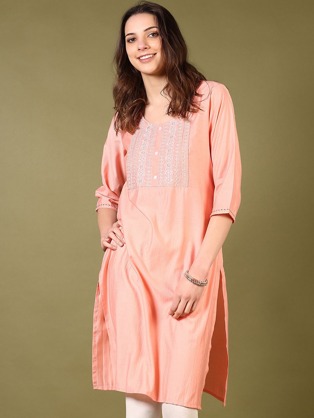 

V-Mart Floral Embroidered Thread Work Cotton Straight Kurta, Peach