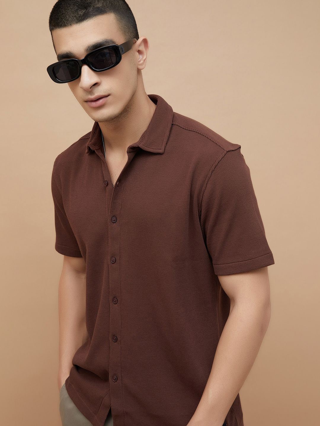 

Fame Forever by Lifestyle Men Spread Collar Textured Cotton Casual Shirt, Brown