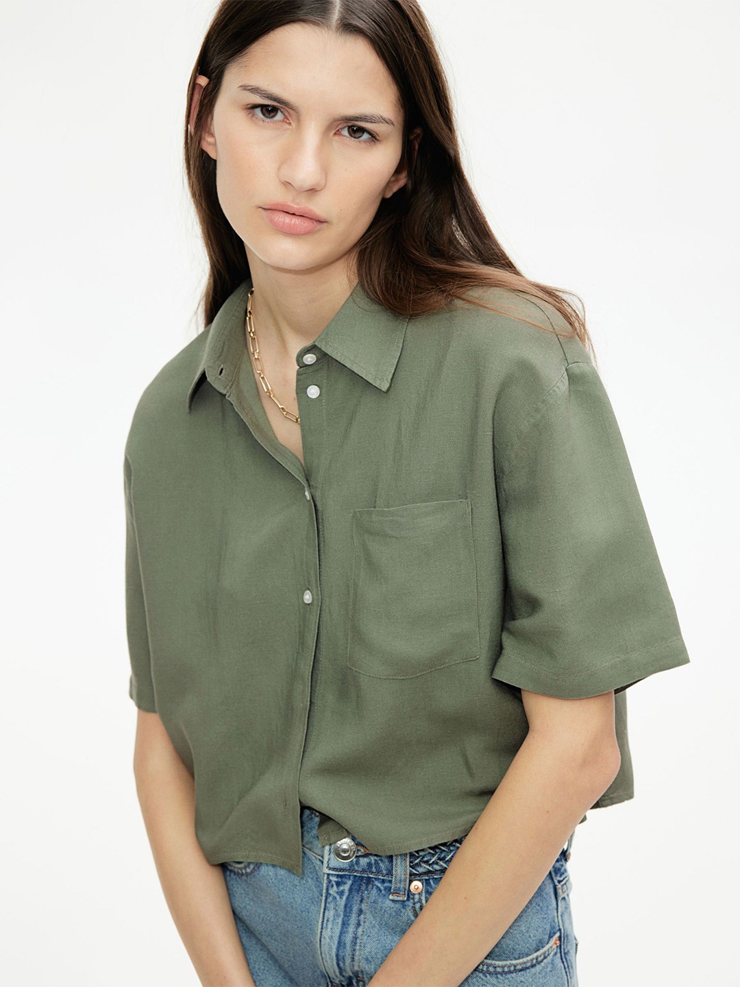

H&M Linen-Blend Shirt, Olive