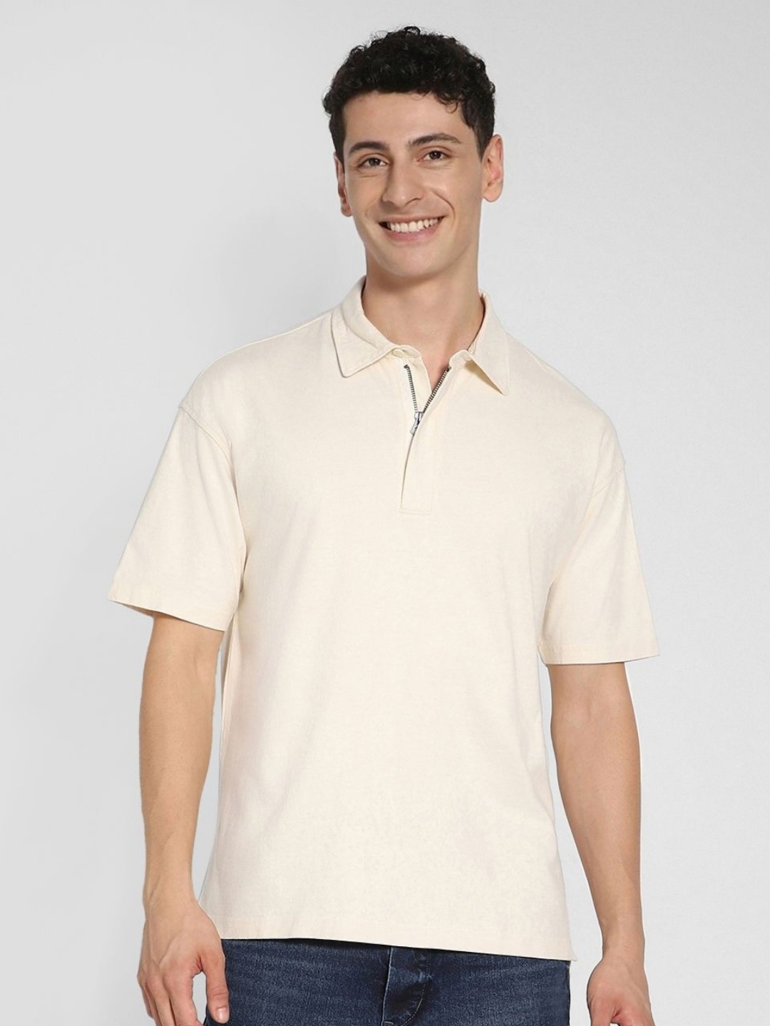 

AMERICAN EAGLE OUTFITTERS Men Solid Polo Collar Cotton Oversized T-shirt, Cream