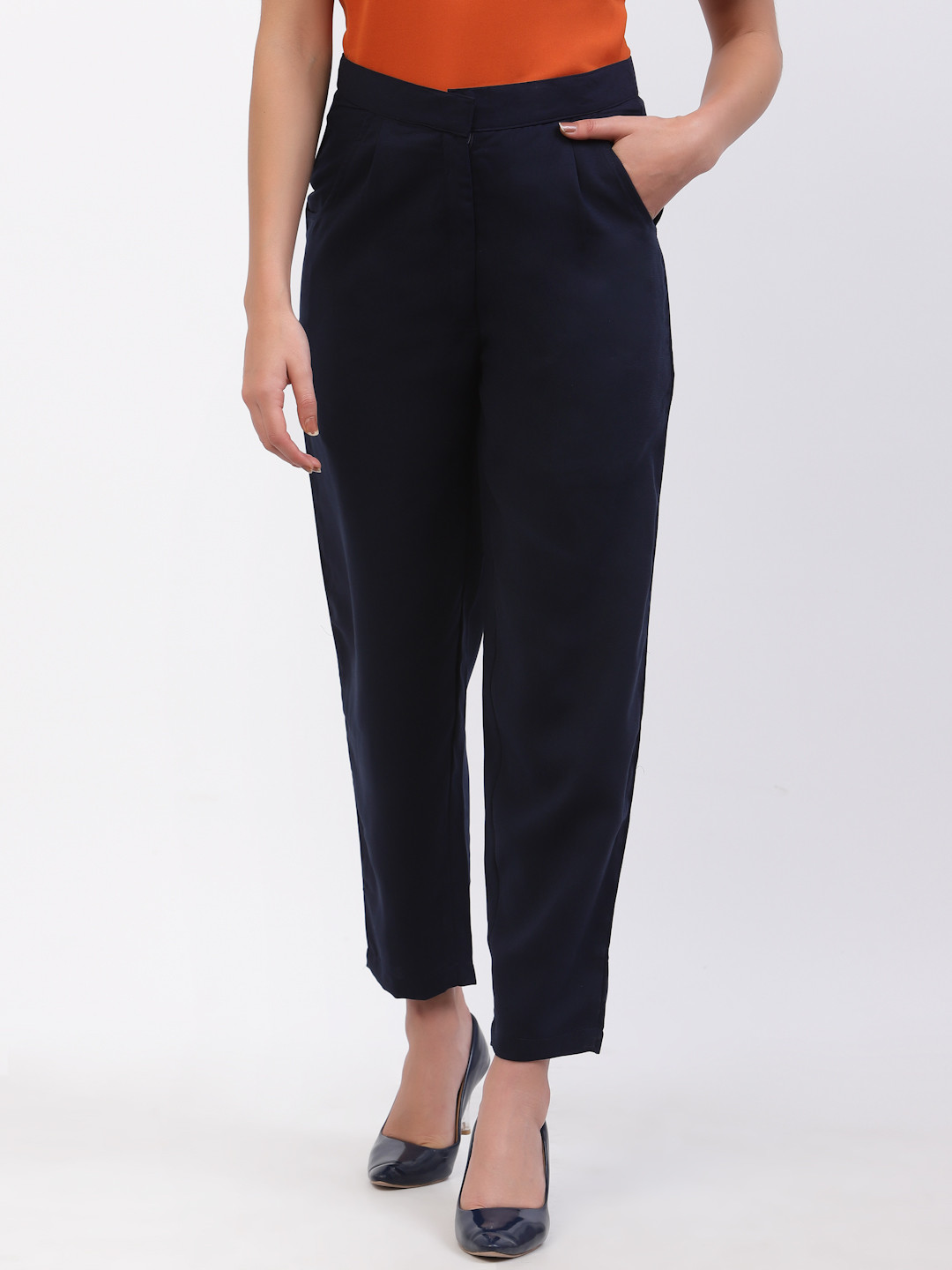 

DELIS Women Mid Rise Easy Wash Formal Trousers, Navy blue