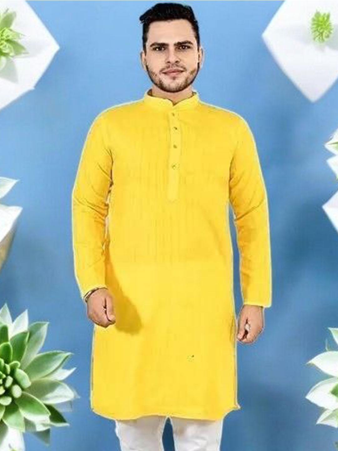 

Atly Striped Mandarin Collar Jacquard Cotton Straight Kurta, Yellow