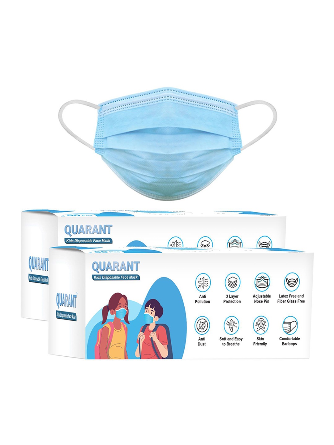 

QUARANT Kids Pack of 100 3-Ply Anti Pollution Face Masks, Blue