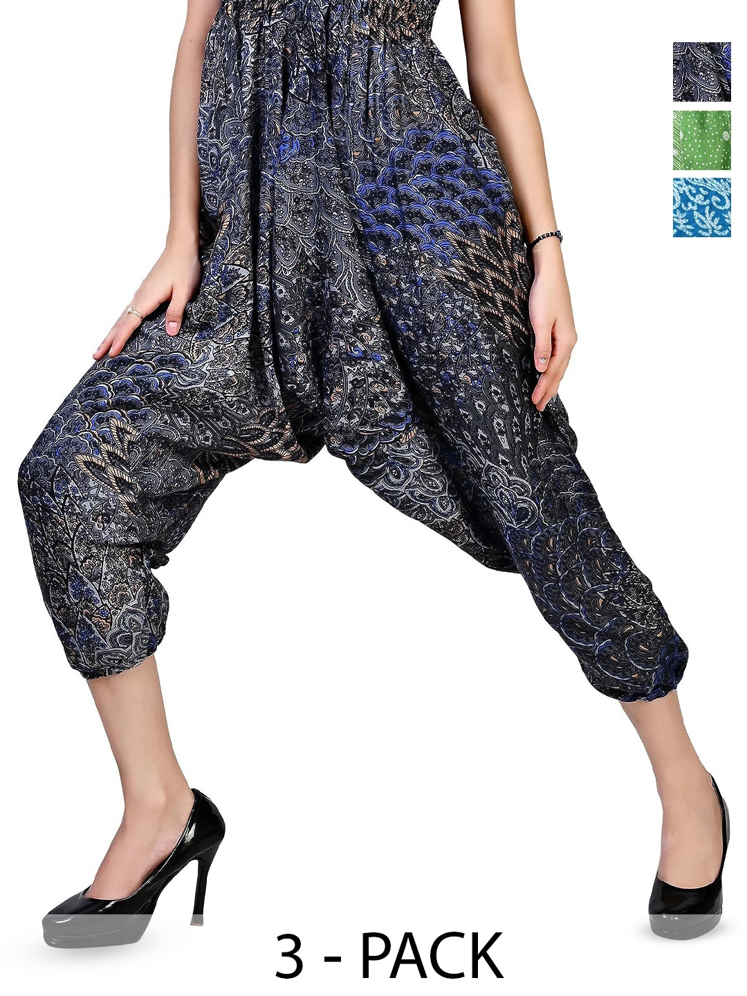 

NarNari Pack Of 3 Printed Mid-Rise Harem Pants, Blue