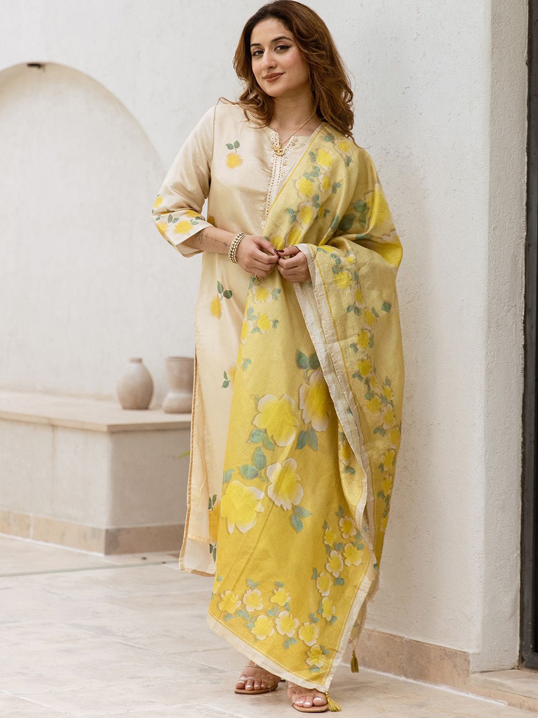 

Ishin Floral Printed Notch Neck Sequinned Straight Kurta With Trousers And Dupatta, Mustard