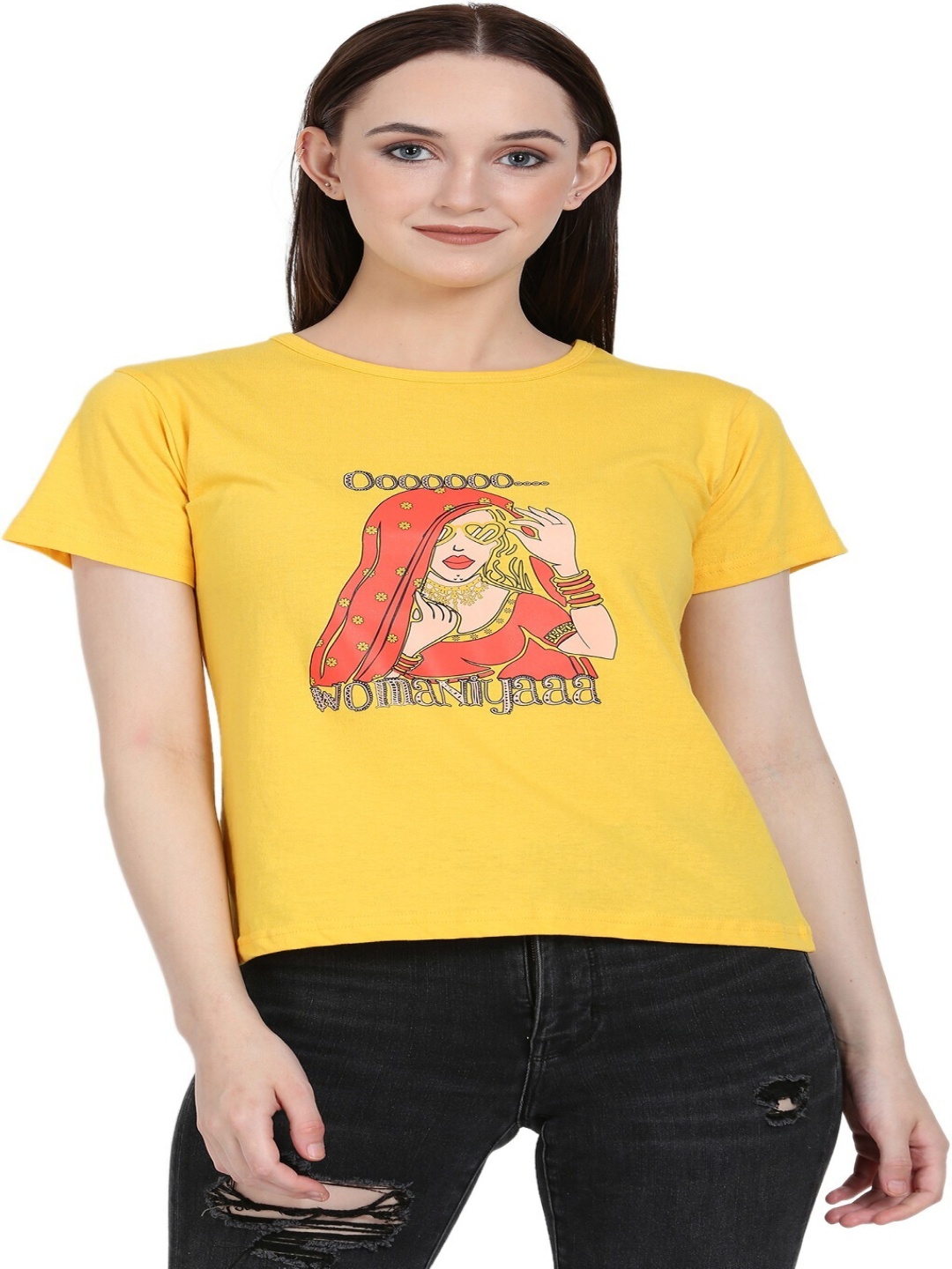 

DEEPMAYRA COLLECTION Women Graphic Printed Round Neck Cotton T-shirt, Yellow