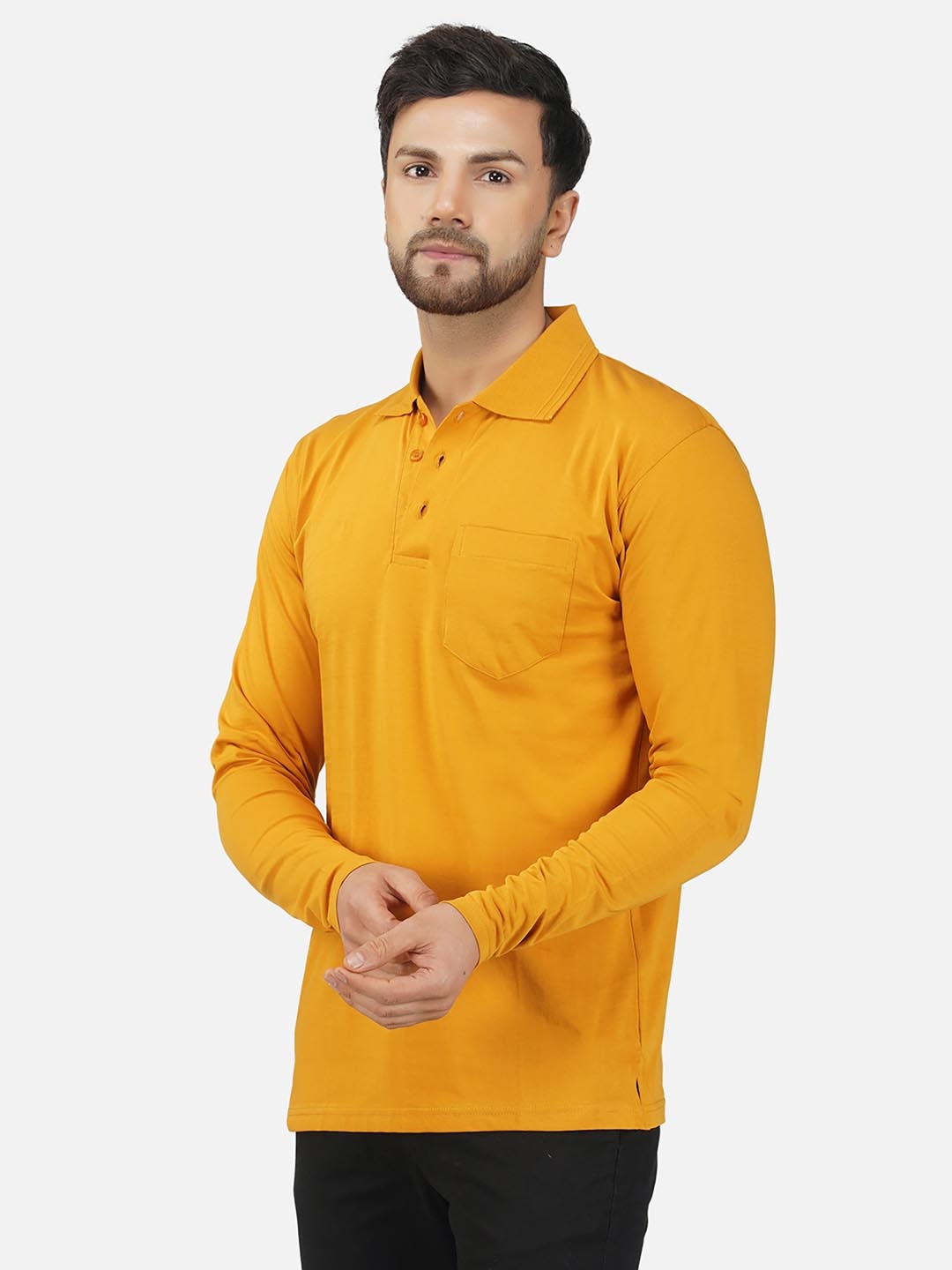 

ALARM Men Solid Polo Collar Cotton Slim Fit T-shirt, Mustard