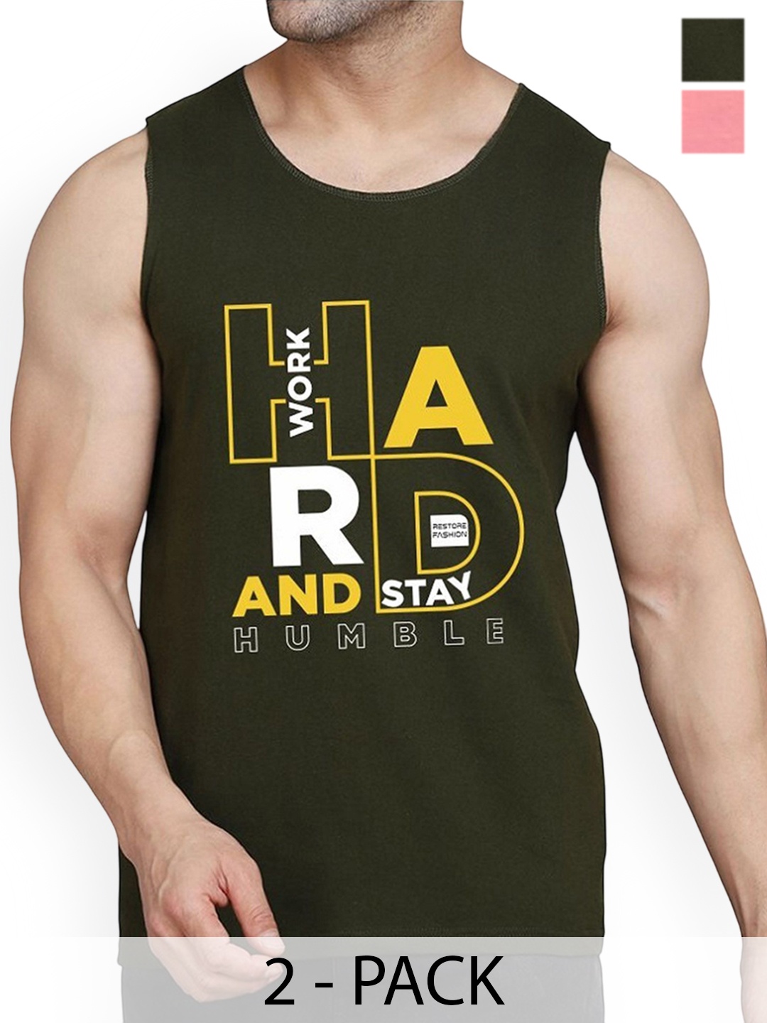 

WOOSTRO Pack Of 2 Printed Combed Cotton Gym Vest RS26 CMB (HARD OLIVE) (98 PEACH)