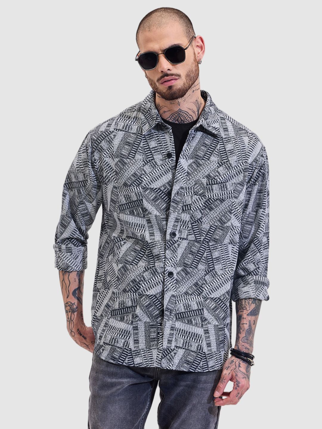 

Snitch Men Relaxed Boxy Fit Spread Collar Abstract Printed Casual Shirt, Black