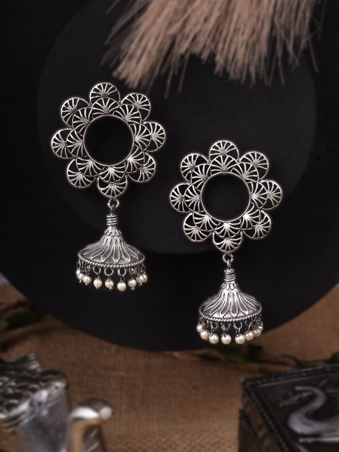 

Sangria Silver-Plated Pearls Beaded Dome Shaped Oxidised Jhumkas