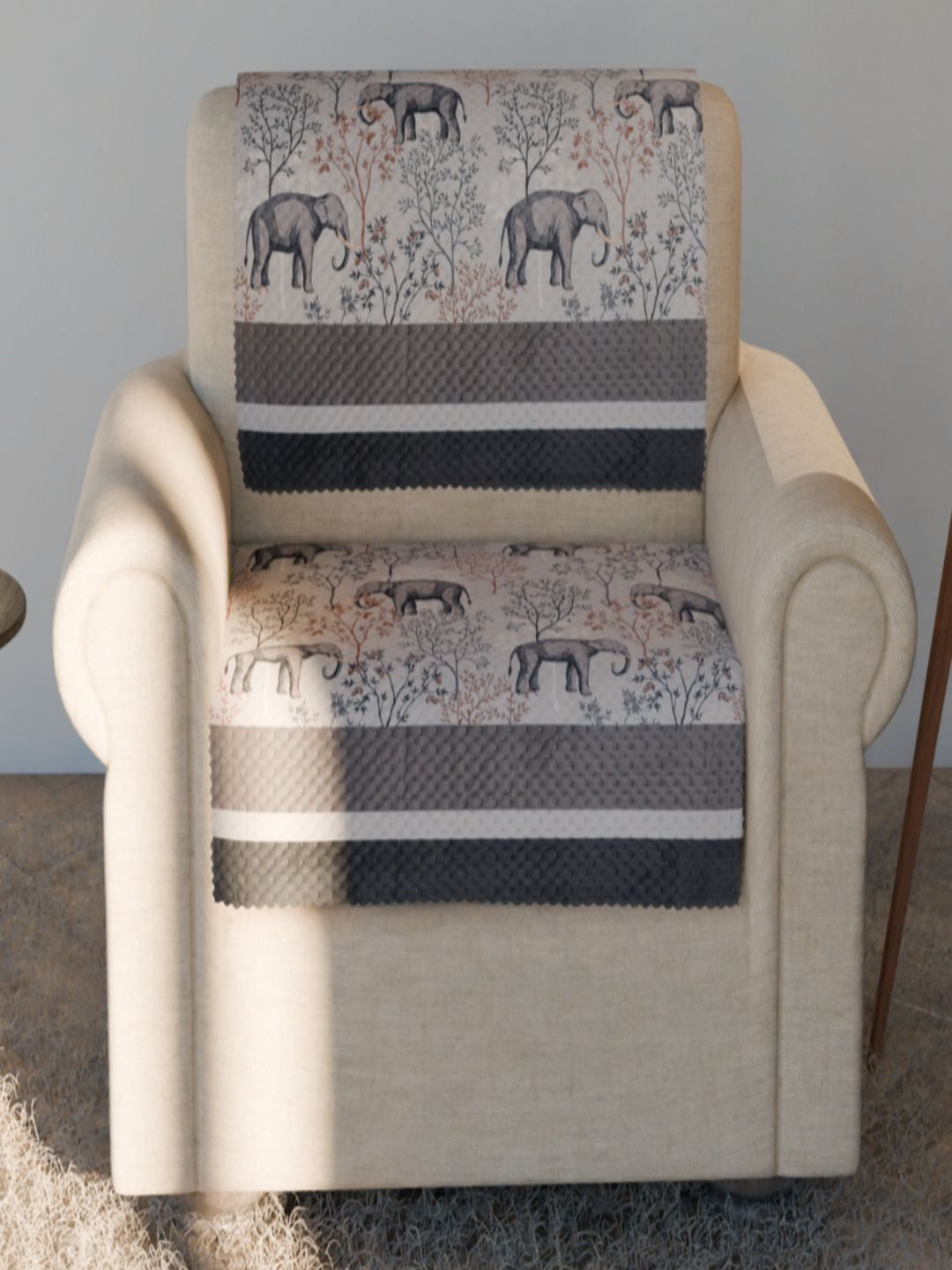 

Fashion Throw Beige & Grey 2 Pieces Elephant Printed Velvet 1 Seater Sofa Covers