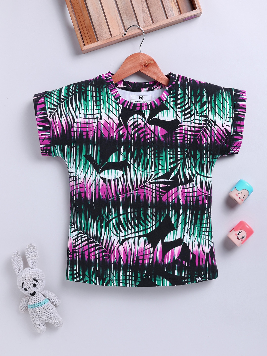 

YK X Minute Mirth Girls Tropical Print Extended Sleeves Tropical Cotton Top, Black