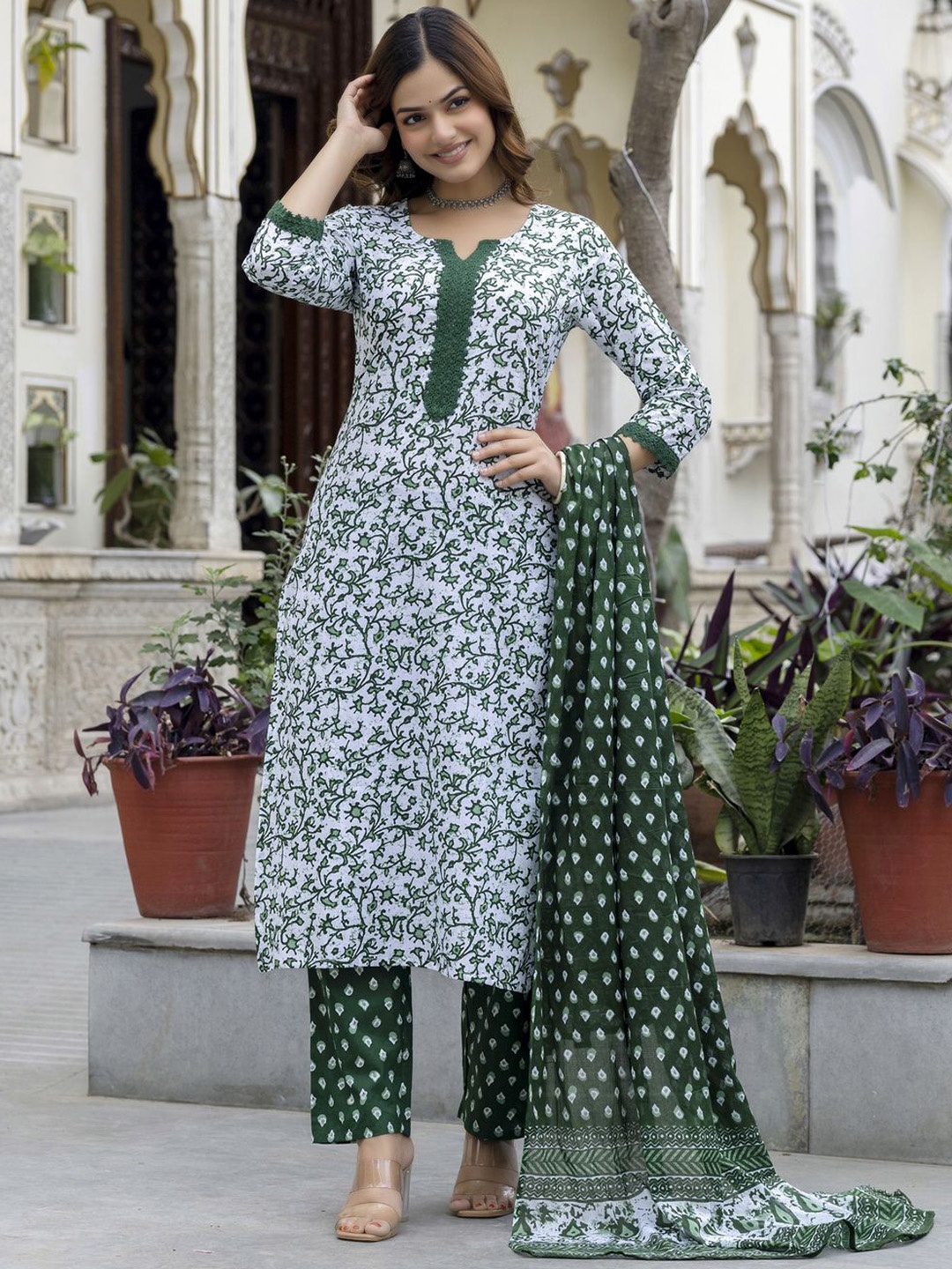 

KALINI Floral Printed Notch Neck Pure Cotton Straight Kurta With Trouser And Dupatta, Green