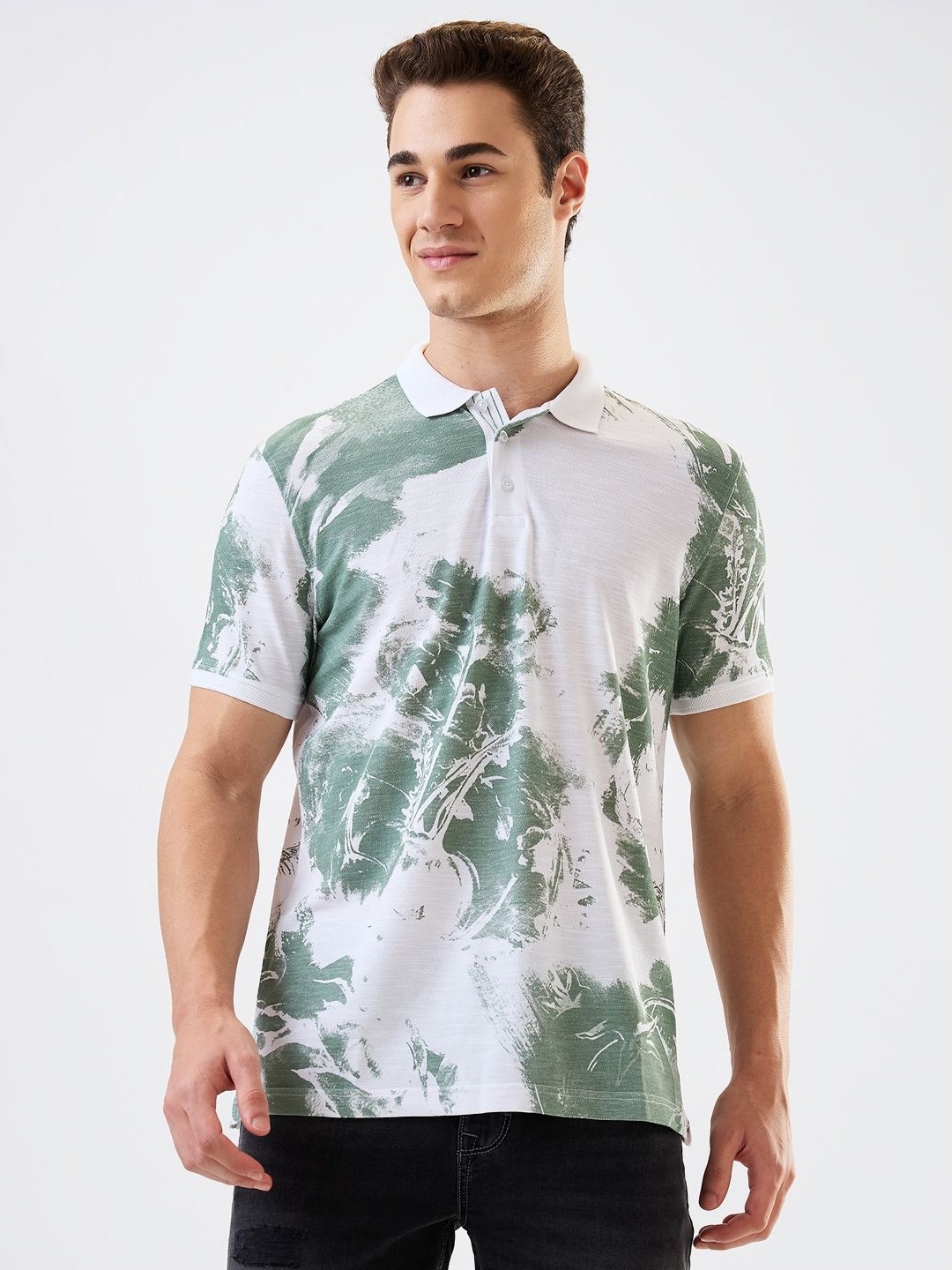 

SPYKAR Men Abstract Printed Polo Collar Cotton Slim Fit T-shirt, White