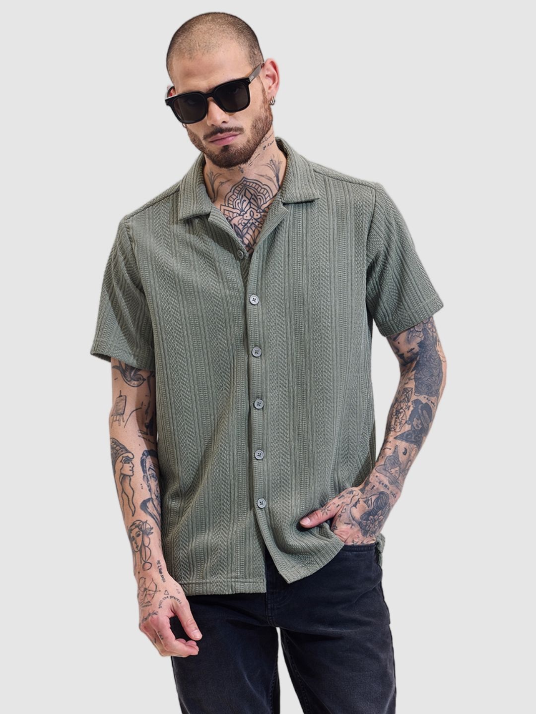 

Snitch Men Comfort Boxy Fit Cuban Collar Solid Casual Shirt, Green