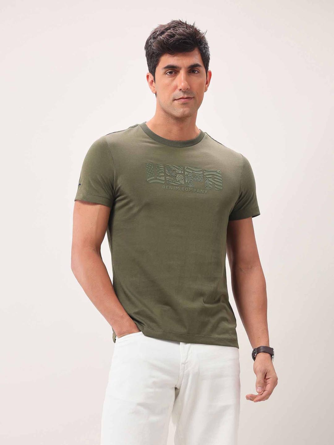 

U.S. Polo Assn. Denim Co. Men Typography Printed Round Neck Cotton Slim Fit T-shirt, Green