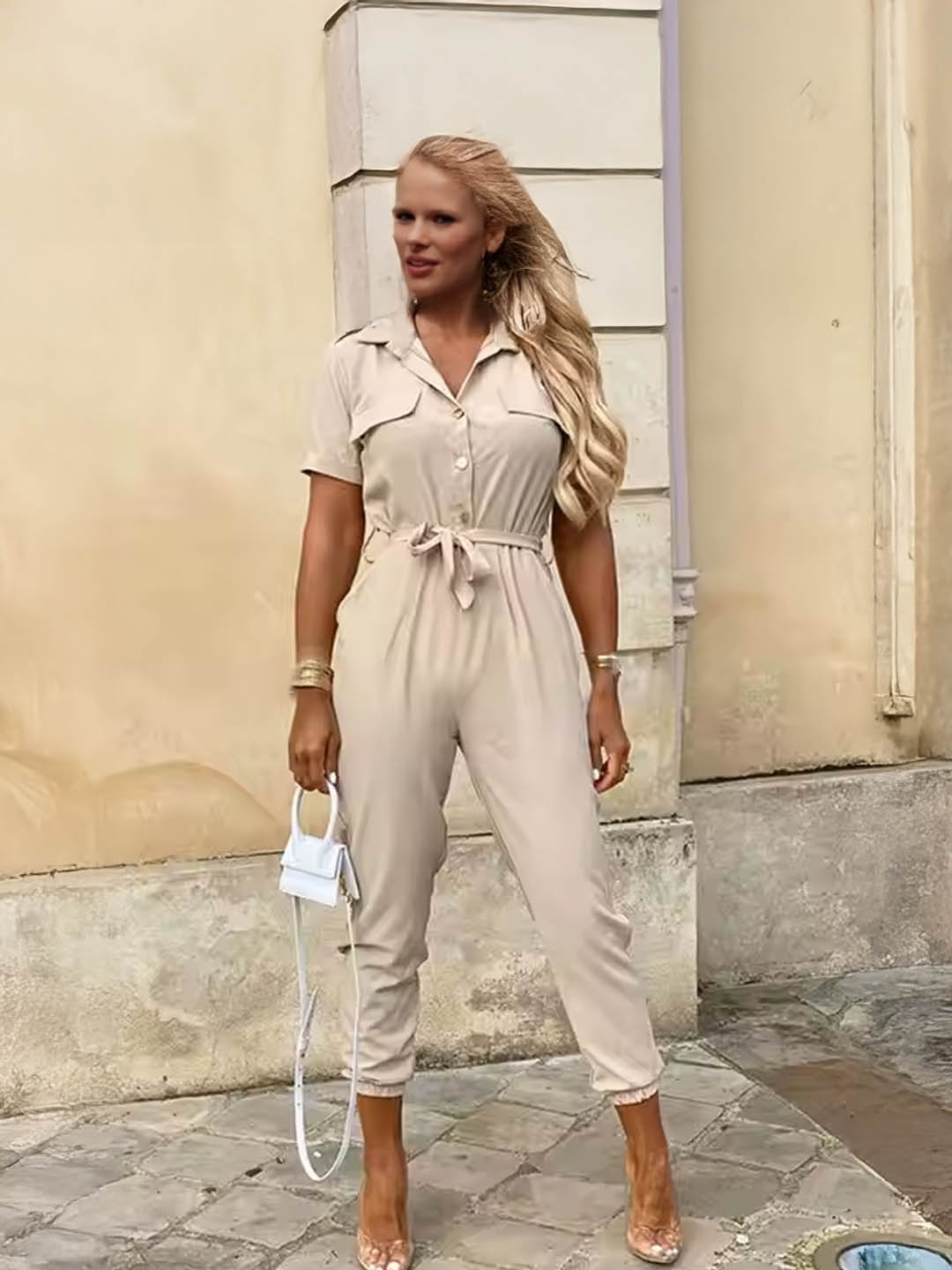 

StyleCast Women Shirt Collar Basic Jumpsuit, Beige