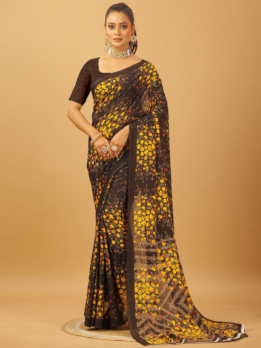 

A.V.M. SILK MILLS Floral Printed Pure Georgette Saree, Coffee brown