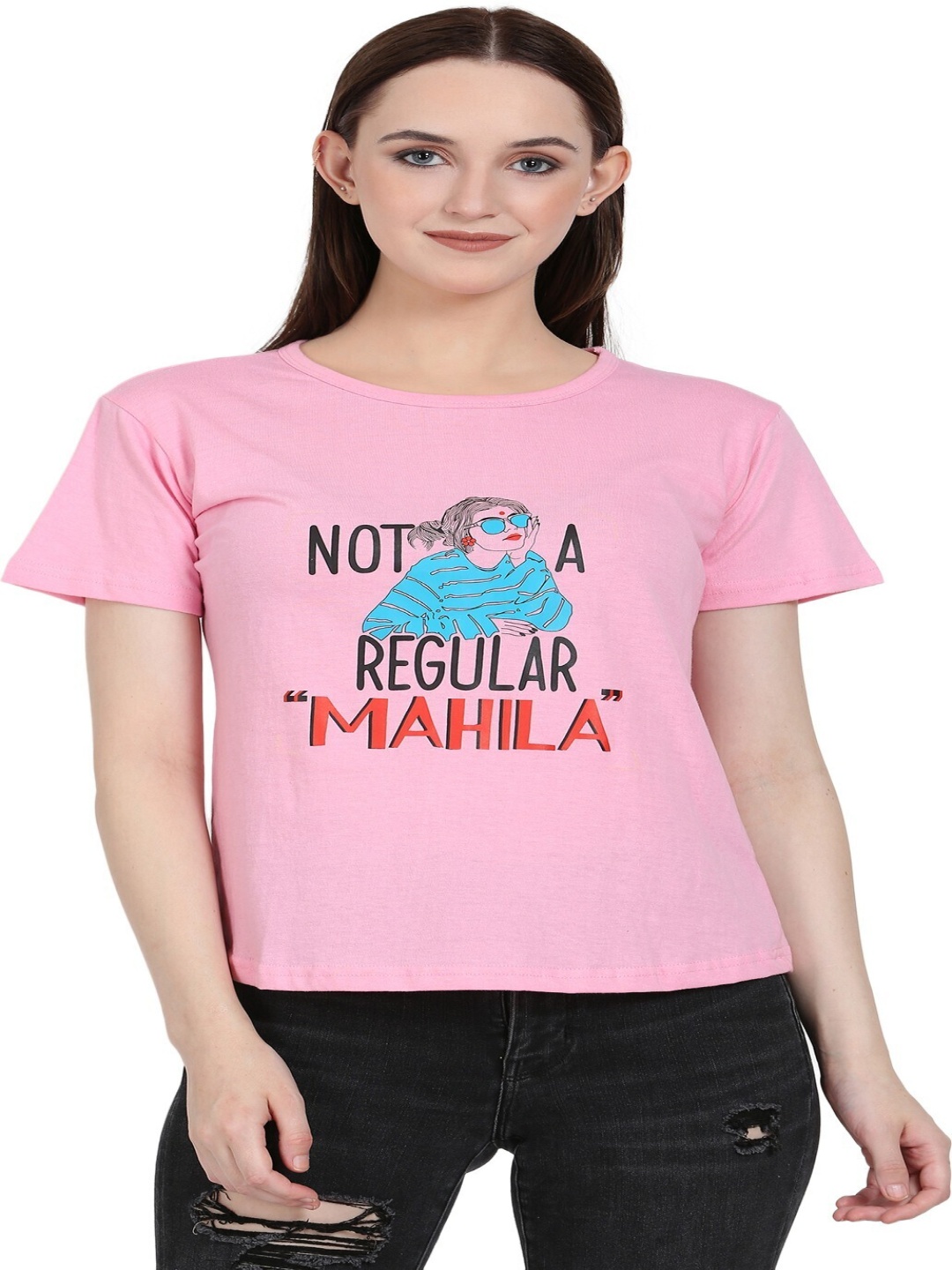 

DEEPMAYRA COLLECTION Women Graphic Printed Round Neck Cotton T-shirt, Pink