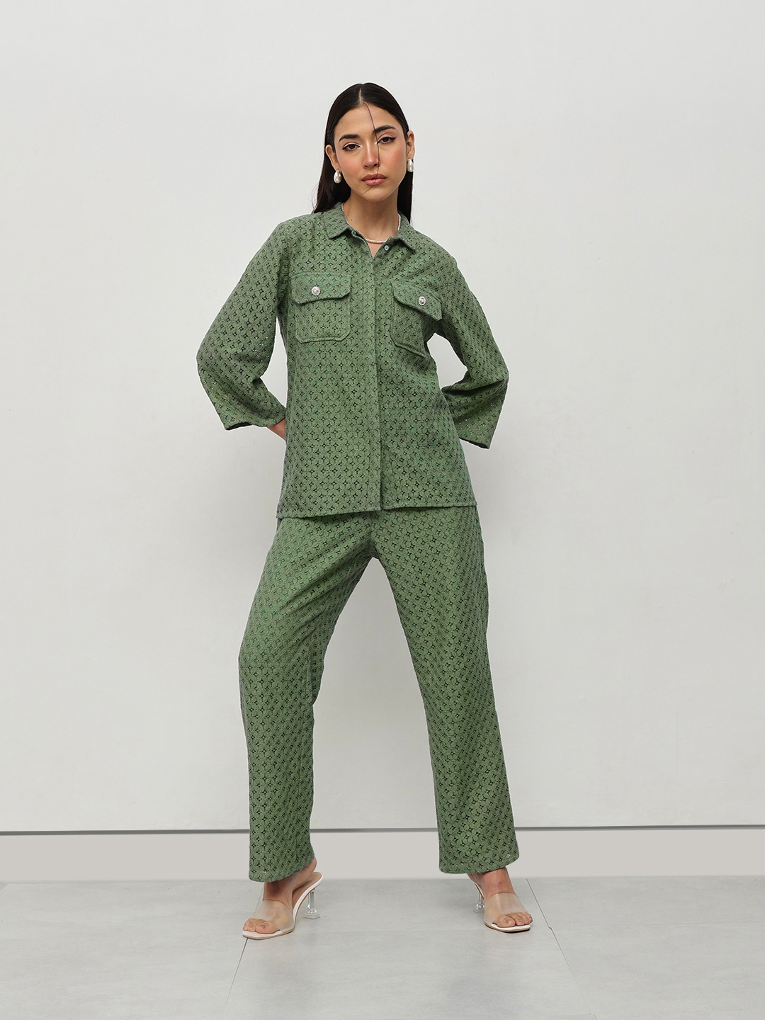 

HOUSE OF S Self Design Cutwork Shirt With Trouser, Green